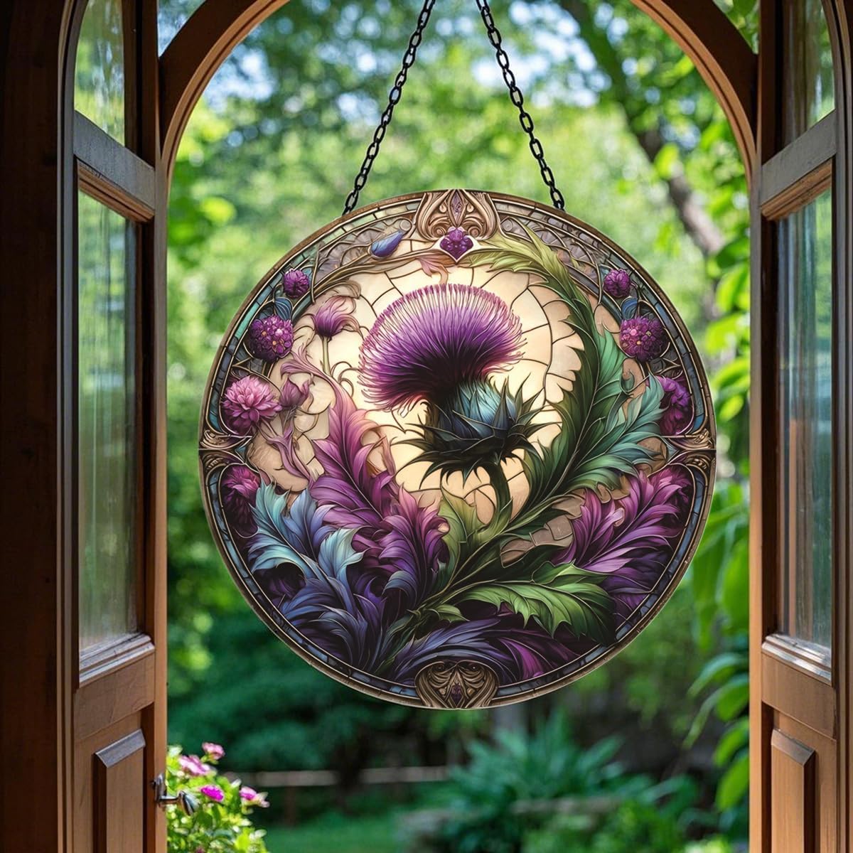 Thistle Stained Window Hanging Ornament, Round Purple Flower Acrylic Window Panel, Great Gift for Mom Grandma for Birthday Mother's Day or Housewarming