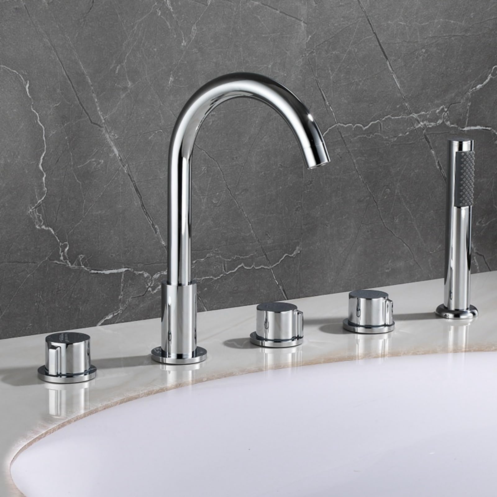 SnamicE 5 Hole Bath Tap Black Bath Mixer Taps with Shower 360 Swivel Spout Double Lever Tap Shower Tap Attachment for Bath,Chrome