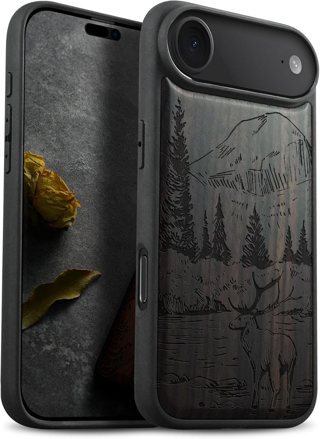 Carveit Magnetic Wooden Case for iPhone Air Case, Wood Artisan Engraved & Soft TPU Shockproof Cover, Compatible with MagSafe 17 Air Wireless Chargers (Mountains and Deer) Blackwood