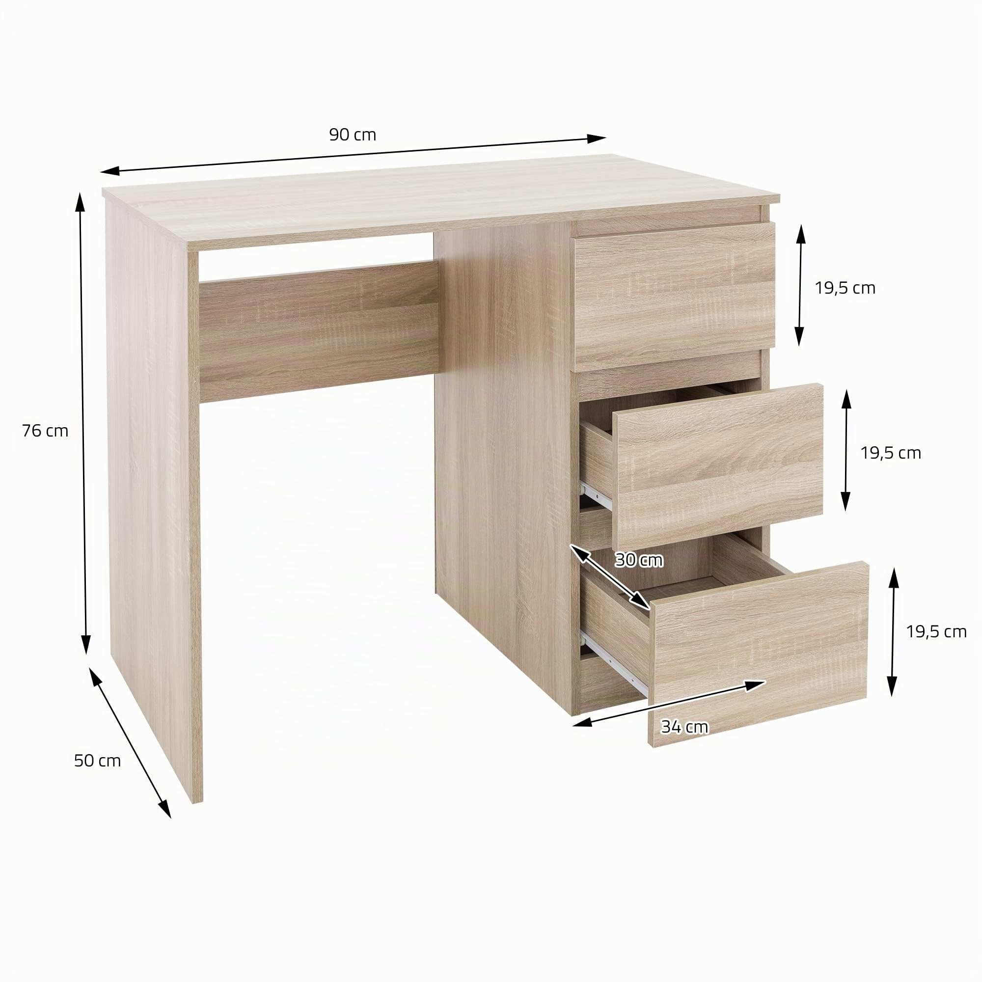 ML-Design Schreibtisch mit 3 Schubladen, 90x76x50 cm, in Sonoma-Eiche, viel Stauraum, modern, Arbeitstisch Bürotisch Computertisch Büromöbel Kinderschreibtisch Laptoptisch PC Tisch, für Heim/Büro