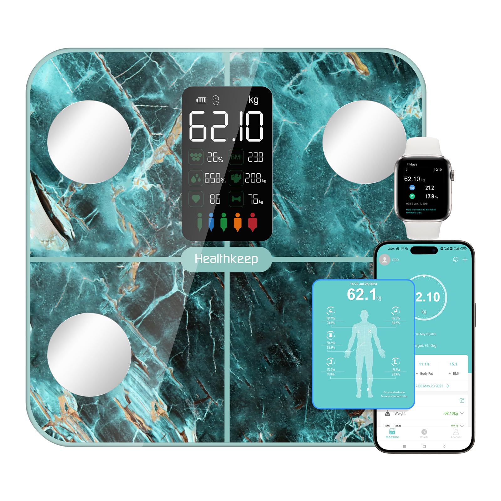 Healthkeep Bilancia per il Grasso Corporeo con Massa Muscolare, 15 Dati del Corpo con Analisi del Grasso Corporeo, Smart Bilancia con APP, Ampio Display VA, Verde Iridescente