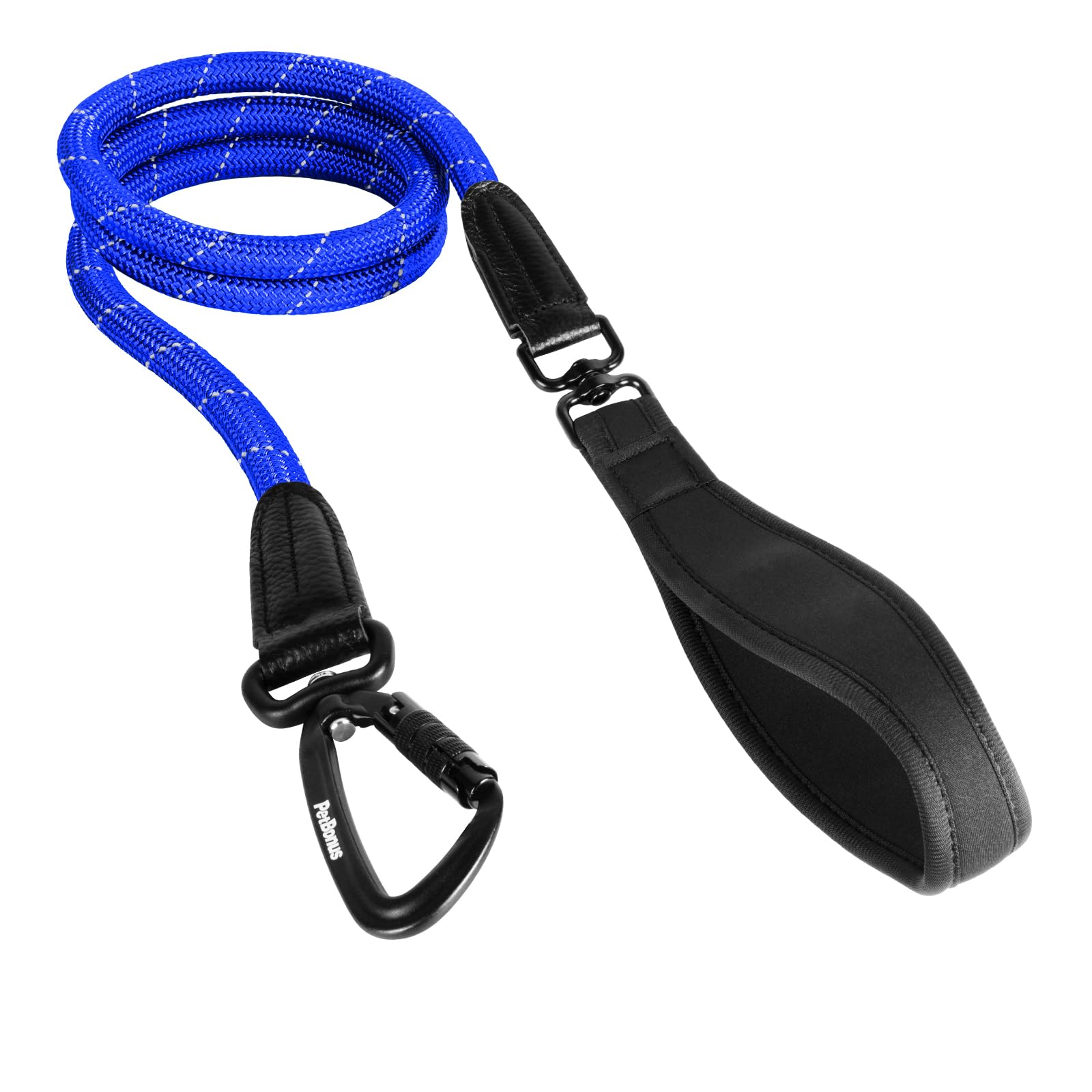 PetBonus Rope Dog Lead, 1.5 m Heavy Duty Pet Nylon Lead with Auto Locking Aviation Aluminum Carabiner, Comfortable Padded Handle, Reflective Walking Training Leash for Medium Large Breeds (Blue)