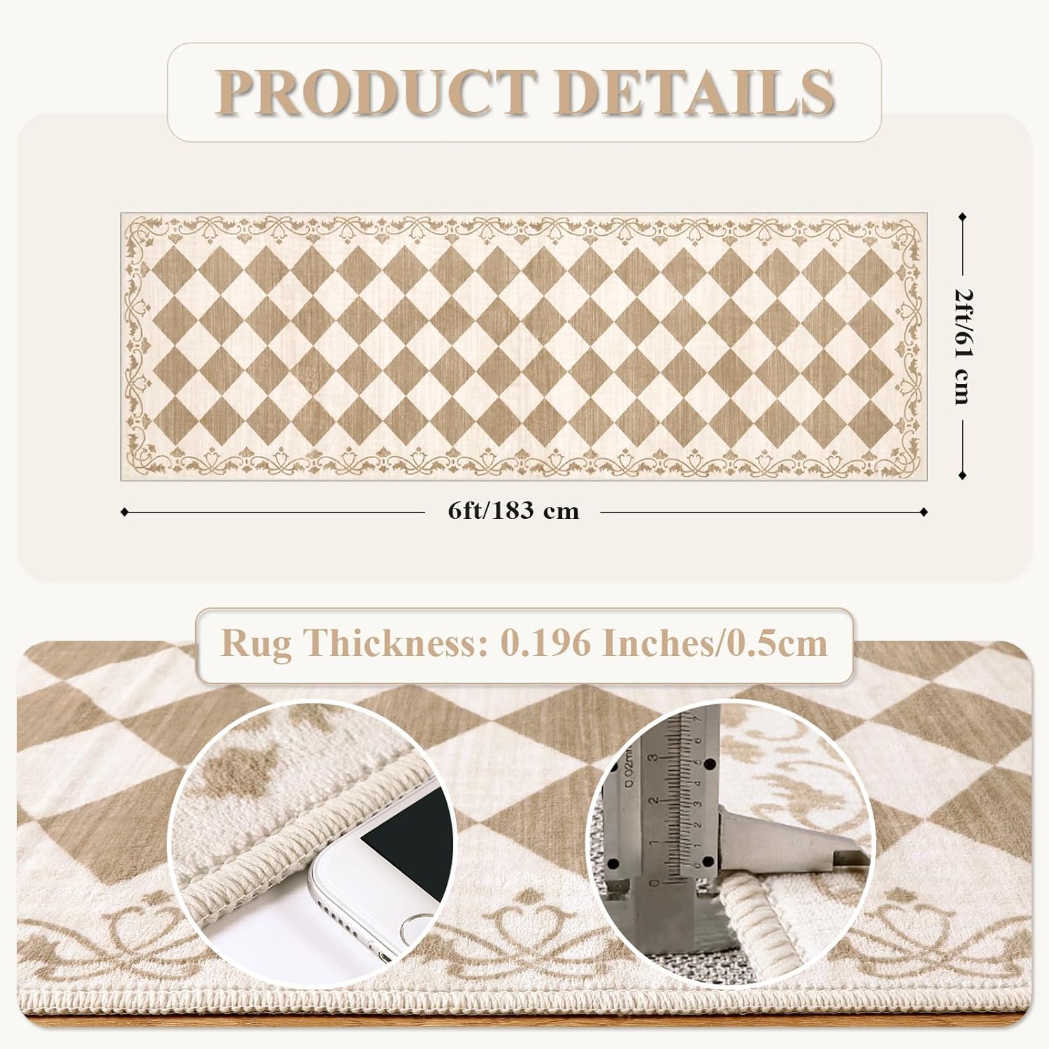 Beeiva Checkered Hallway Rug 2x6 Washable Runners for Kitchen Floor Non Slip Ultra Thin, Gingham Neutral Soft Bathroom Rug 2x6 Beige Diamond Carpet for Laundry Bedroom Entryway Home Deocr - Image 2