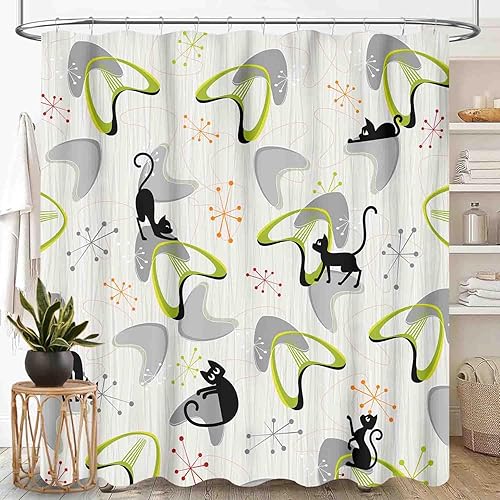 Cortina de ducha de mediados de siglo para baño, diseño geométrico retro, moderno, gato negro, patrón atómico, bonito gatito, rústico, de los años