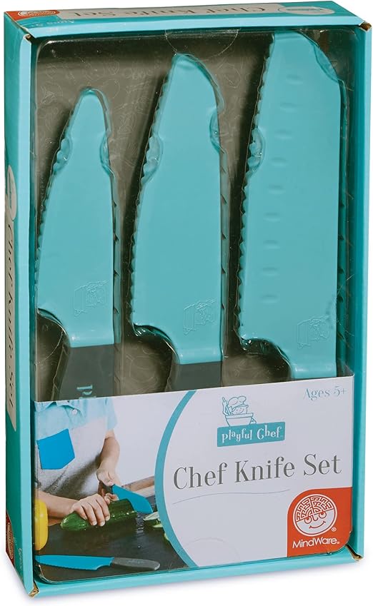 Playful Chef: Safety Knife Set for Kids – 3 Knives Plastic Blades with Serrated Edges – Safe for Little Hands, Ages 5 & up - Dishwasher Safe