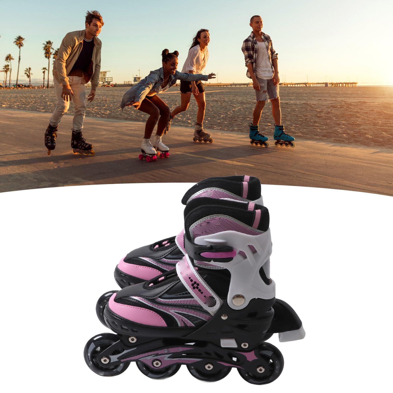 Patins pour Enfants, Patins à roulettes Roses M Réglables en PU, à roulettes Stables pour Fille, Garçon et Adolescent