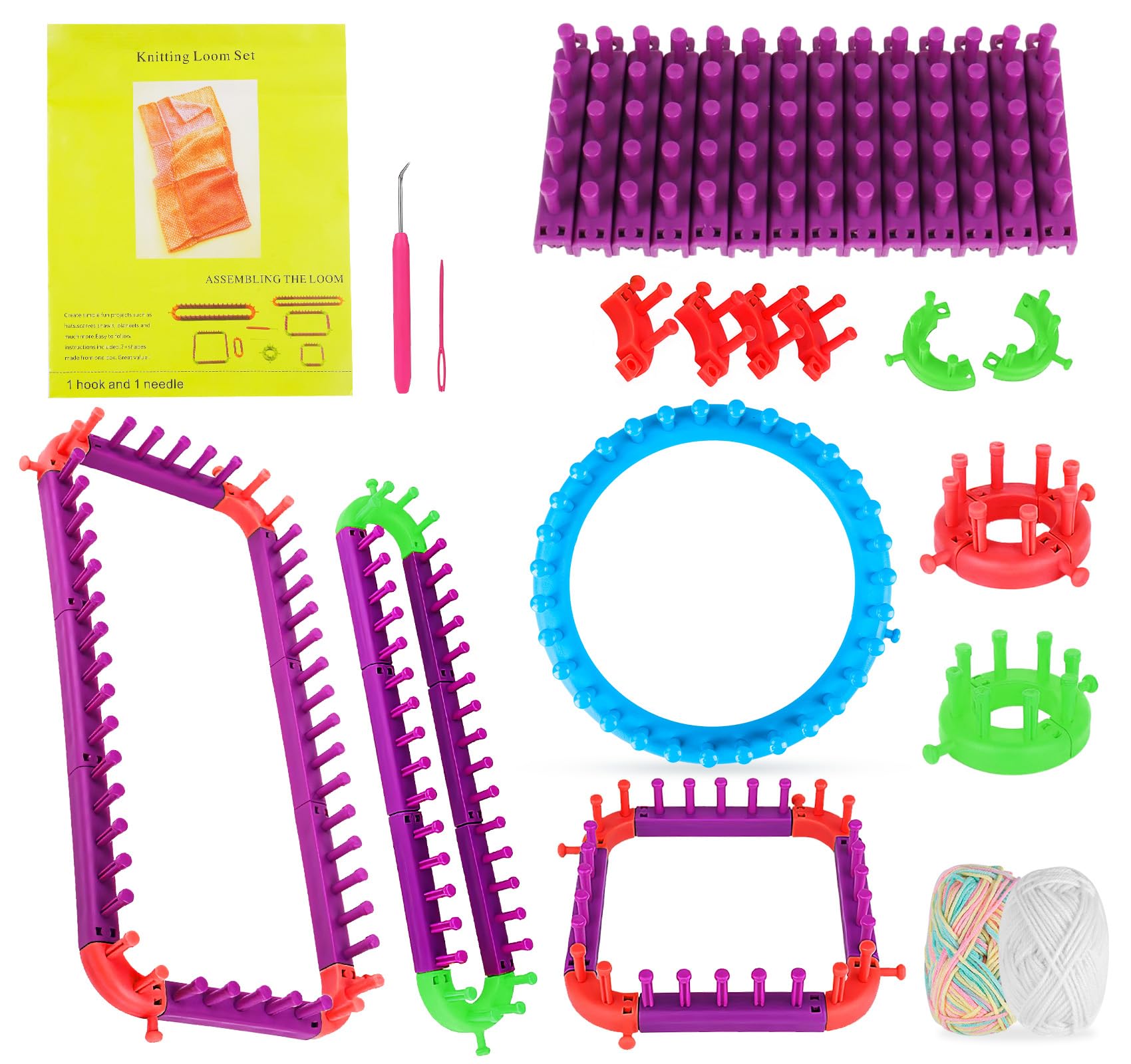 ilauke Webrahmen Set - DIY Kunststoff Webrahmen inkl. 1 Lila Abnehmbare und 1 Blaue Runde Nicht Abnehmbare Mit 3 Häkelnadeln, 2 Garnkugeln, Für Anfänger