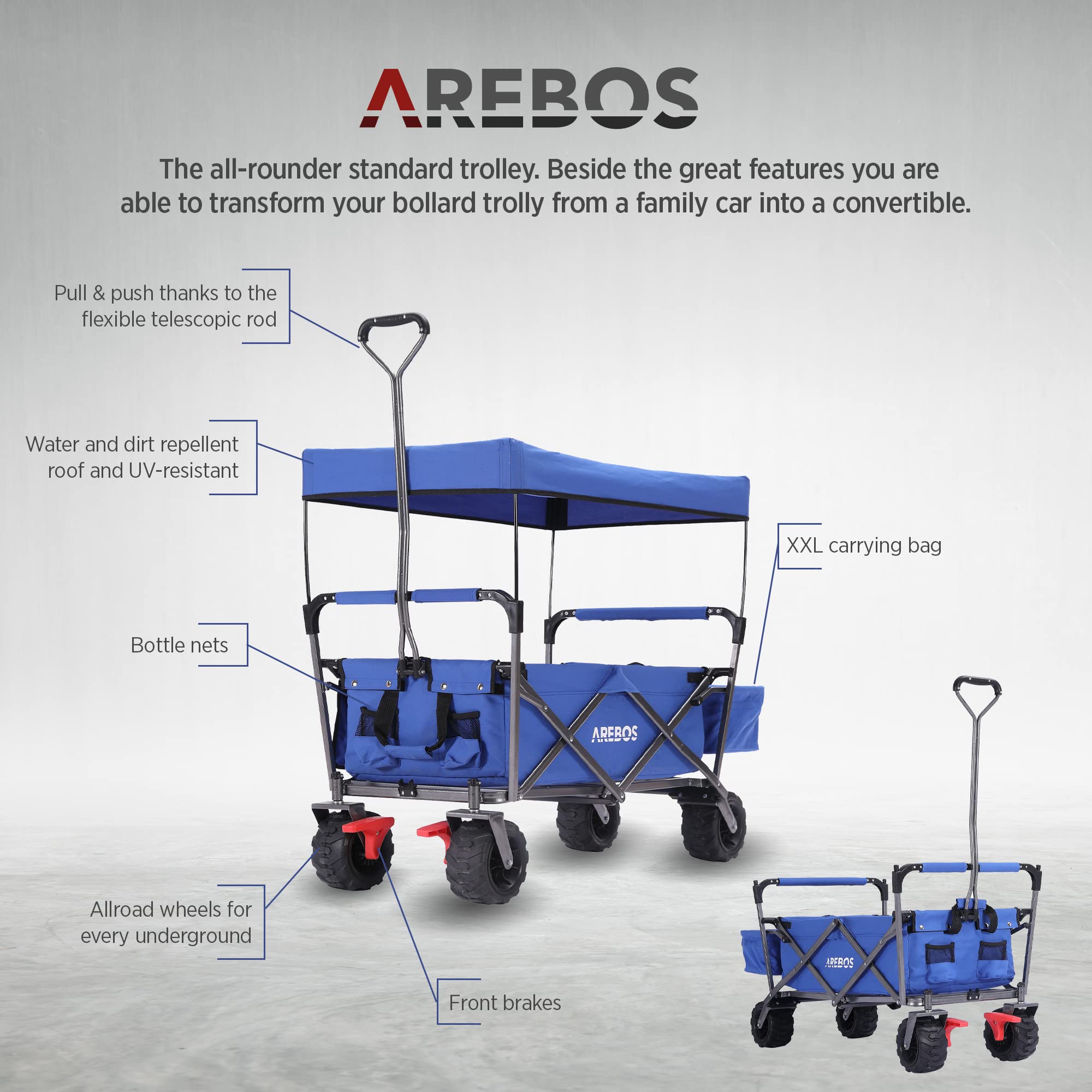 Arebos Carro de Mano con Techo | Carro Plegable | Carretilla Jardin | Carro Playa | Azul | 100 kg