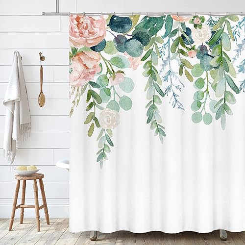 Miniatura 3 de Tititex - Juego de cortinas de ducha floral tropical en flor, flores rosas de acuarela y hojas verdes en la parte superior, cortina de baño