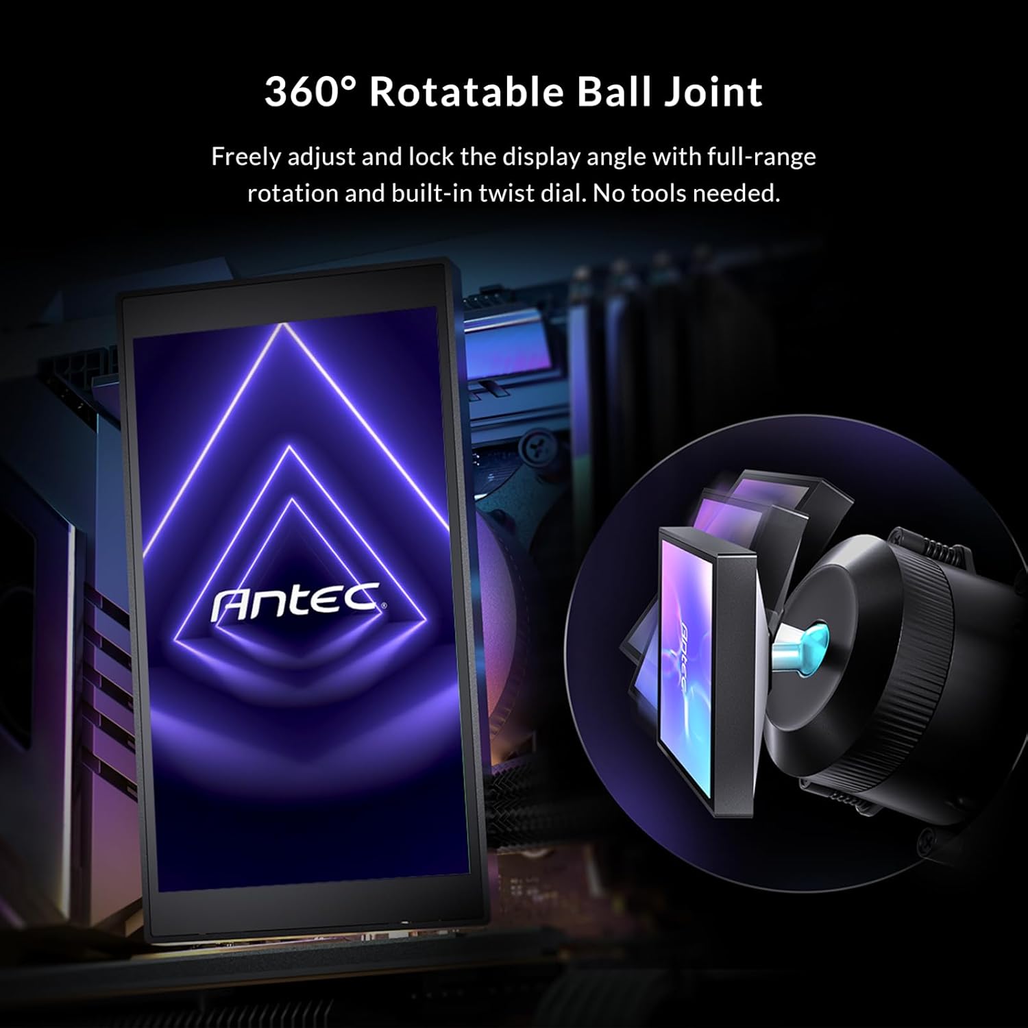 Close-up of the Antec Vortex View 360 pump block showing the 360-degree rotatable ball joint mechanism for display adjustment.