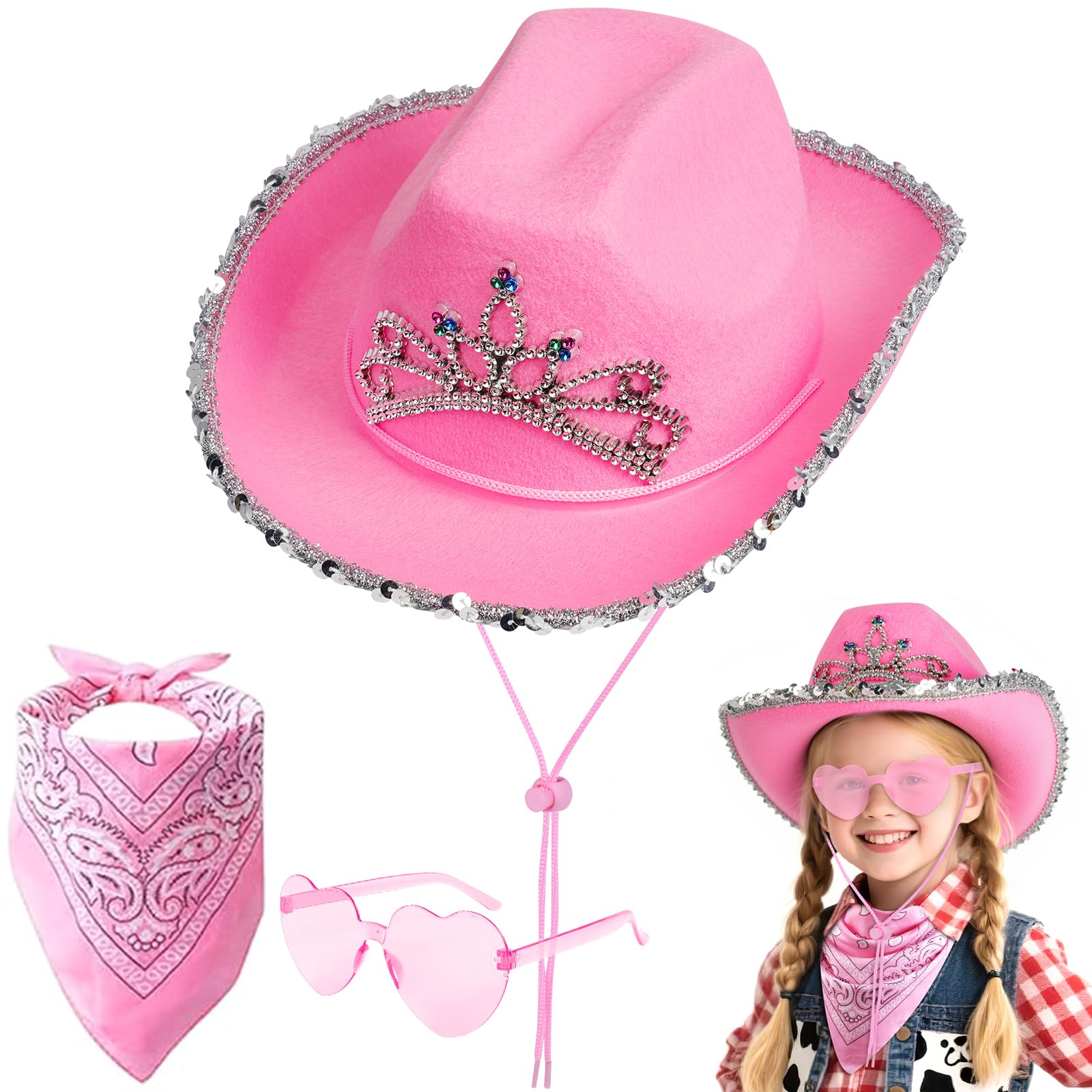AUYAO Child Cowboy Hat Cowboy Western Hat Wide Brim Western Cowgirl Hat with Paisley Bandanna Heart Sunglasses Cowboy Ranger Sheriff Fancy Dress Costume Accessory for Halloween World Book Day(Pink)