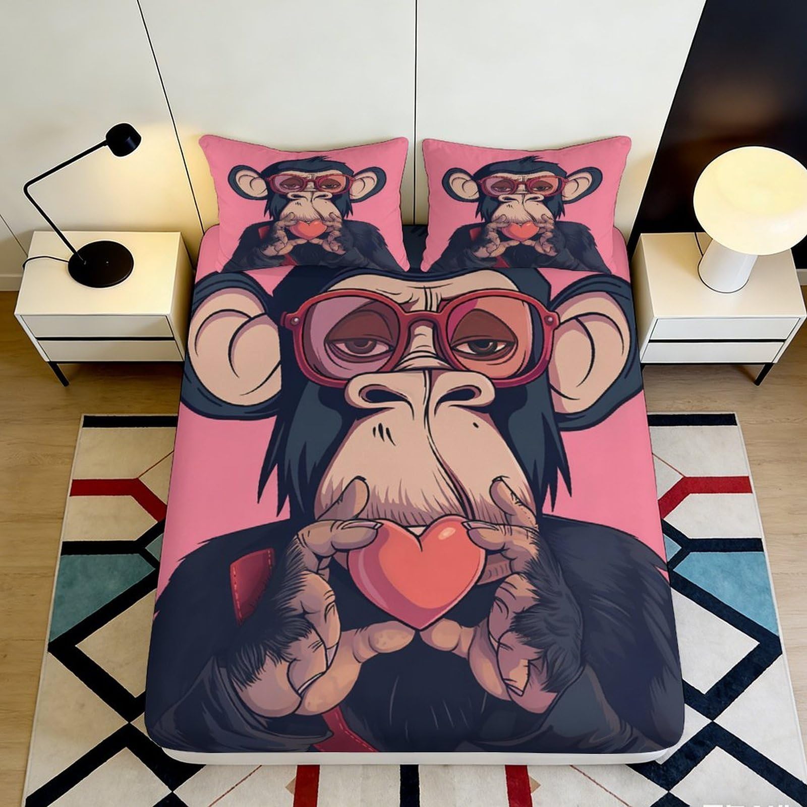 3D Printed Monkey Pattern Fitted Sheet Microfiber Deep Pocket Non-Slip Monkey Mattress Fitted Cover Bedroom Bedding for Adults Teens 200x200x25cm 90x200x25cm
