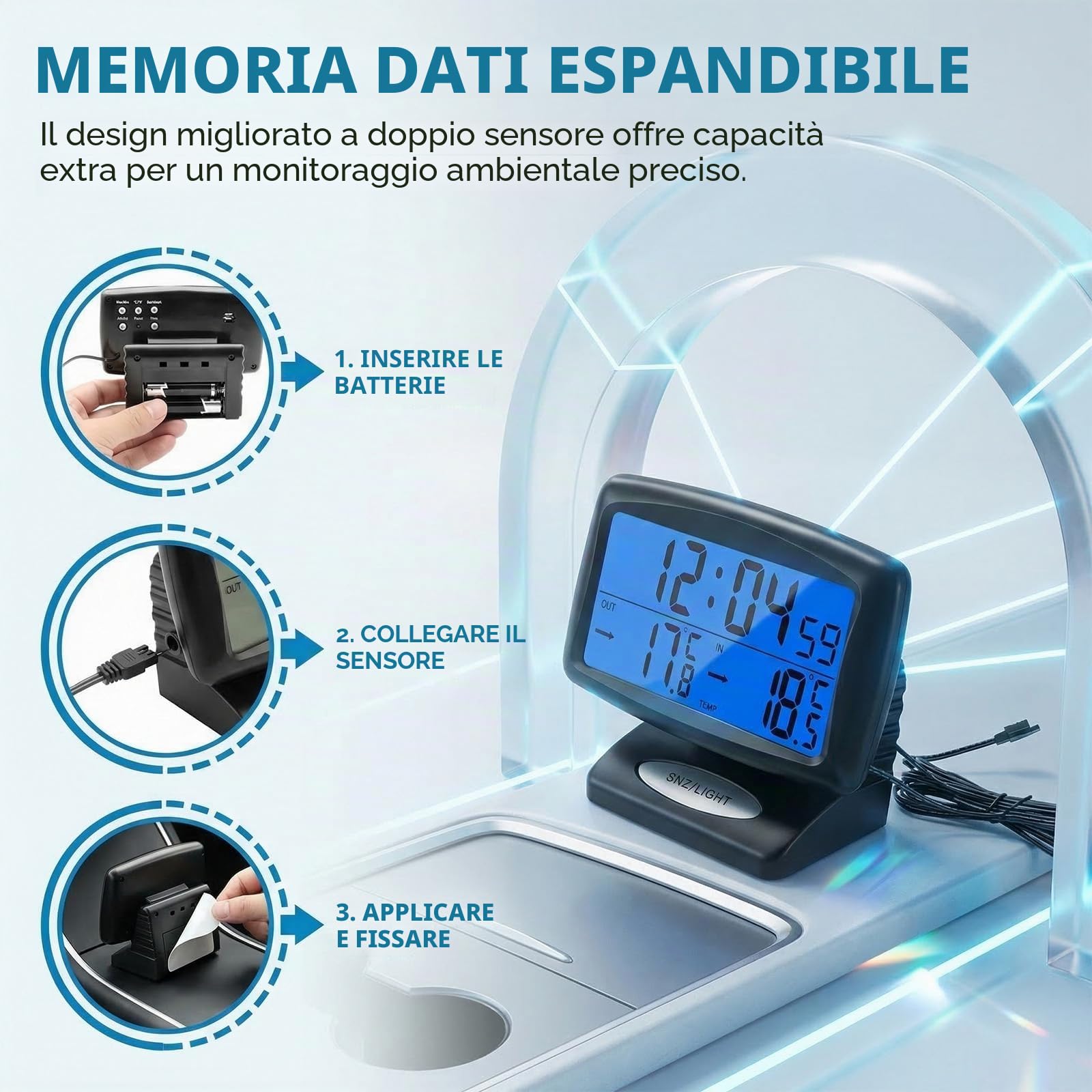 termometro per auto, sveglia digitale, misuratore di temperatura con retroilluminazione, termometro per auto