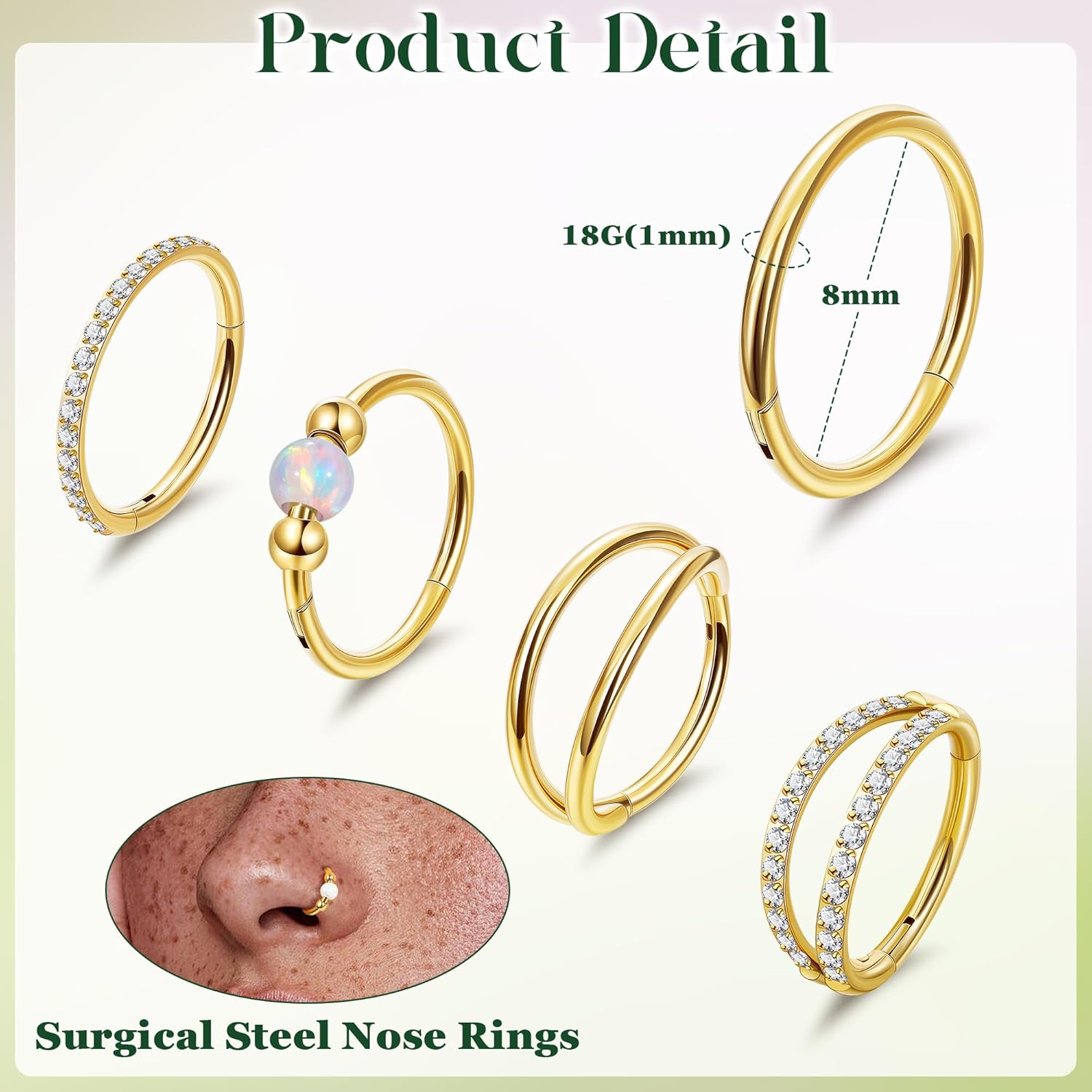 5PCS 18G Clicker Nose Ring Hoops for Women Men Hinged Double Cartilage Nose Hoop Surgical Steel Tragus Helix Rook Opal CZ Septum Lip Ring Hoop Earrings Nose Piercing Jewelry 8-10MM - Image 2