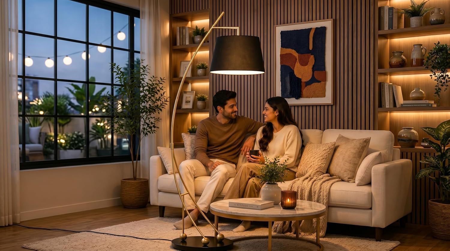 Modern Arc Floor Lamp with Beige Fabric Shade and Gold Metal Frame, Elegant Standing Corner Light for Living Room, Bedroom, Lounge, Office and Contemporary Home Décor (Black)-picture-24