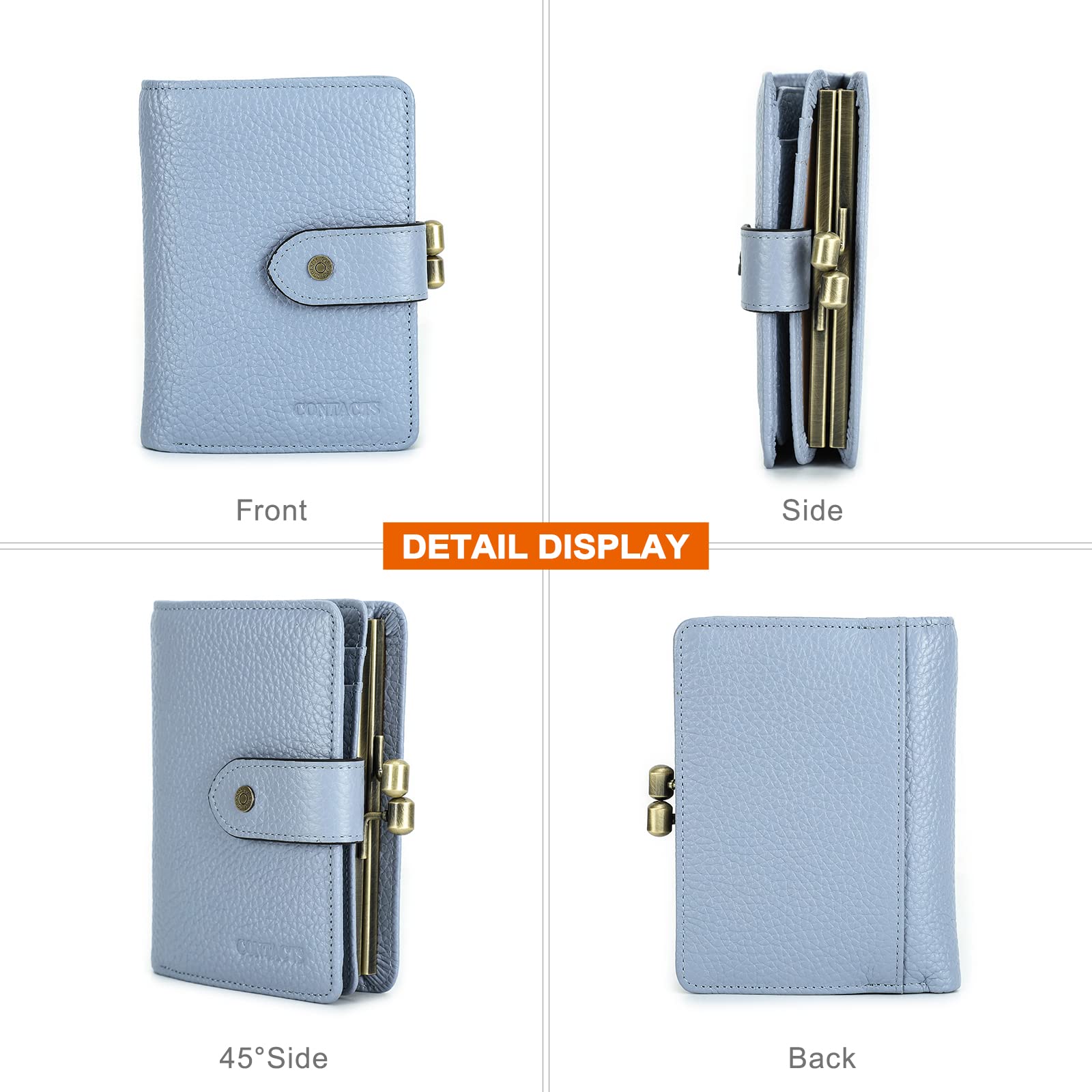 Contacts Portafoglio da donna con chiusura a bacio, RFID 11 scomparti per carte di credito, pochette in pelle bifold con finestra ID, Azzurro, S, Casual