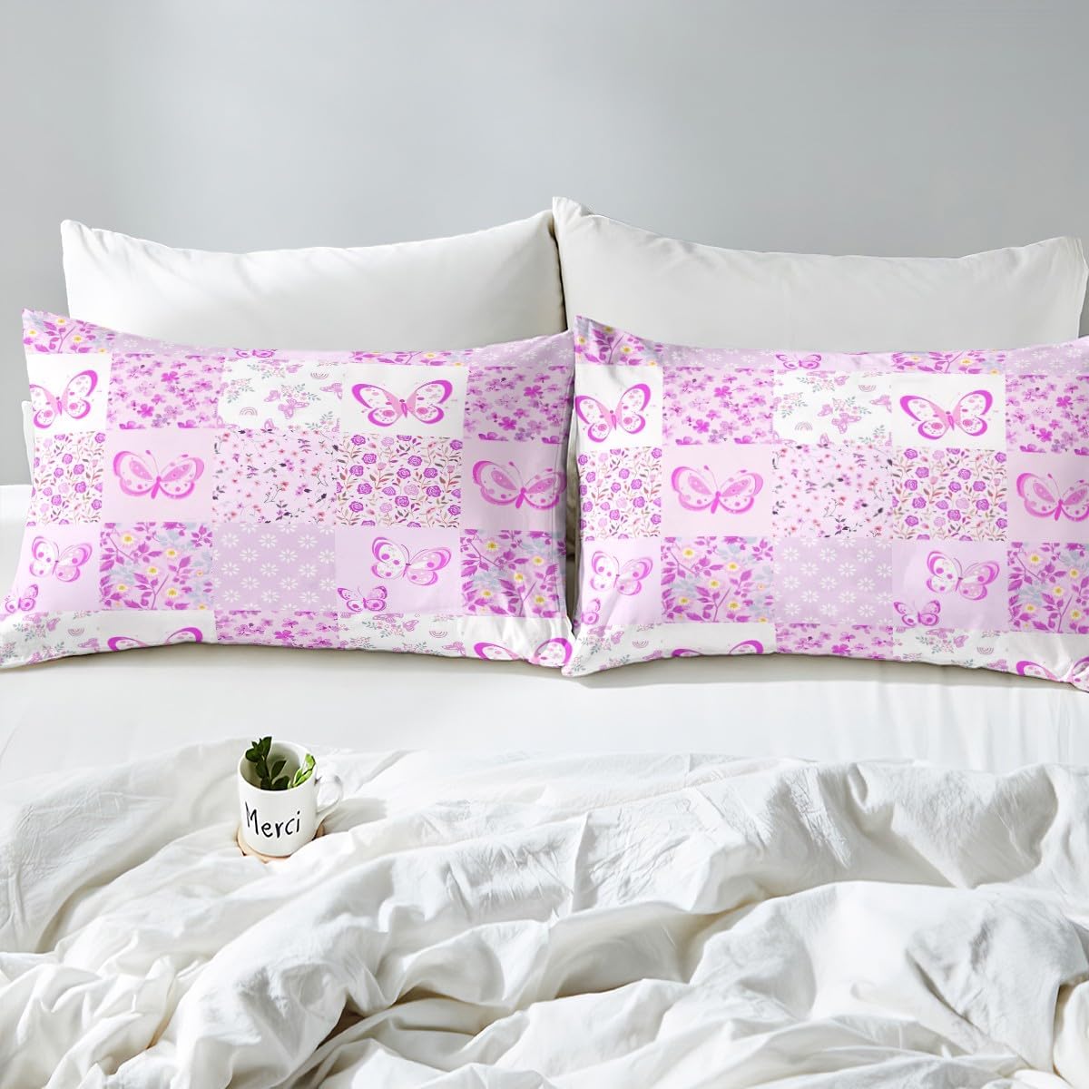 Erosebridal Butterfly Toddler Crib Bedding Set for Girls Floral Bed Sheets Twin Size, Cartoon Lovely Patchwork Flower Butterfly Fitted Sheet 2Pcs for Kids Kawaii Room Decor(Purple)