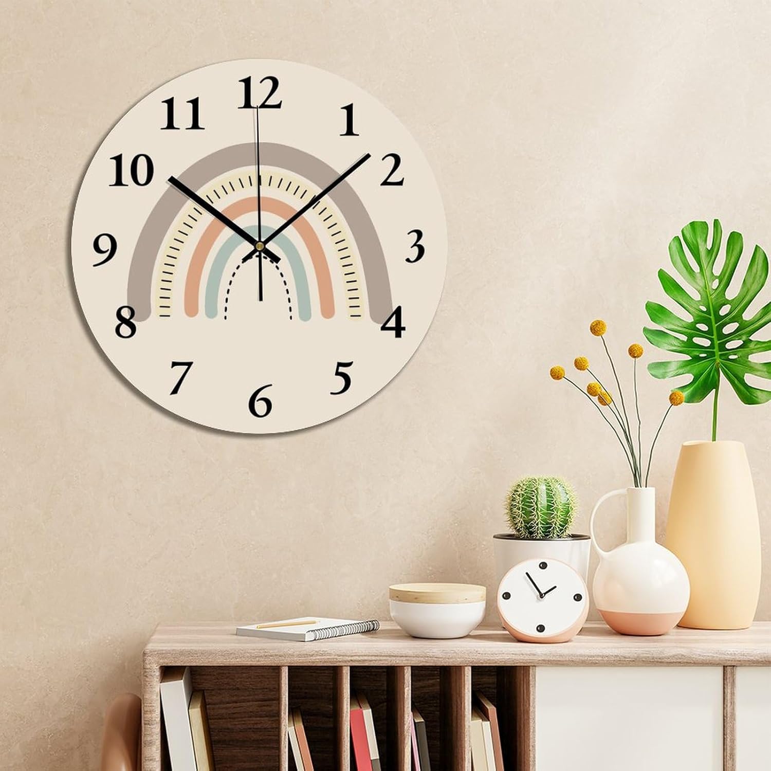 Boho Rainbow Wall Clock 15x15 Inches Farmhouse Kitchen Decor Gifts Farmhouse Round PVC Clock Quality Quartz Non Ticking Vintage Wall Hanging PVC Clocks for Bathroom School Classroom