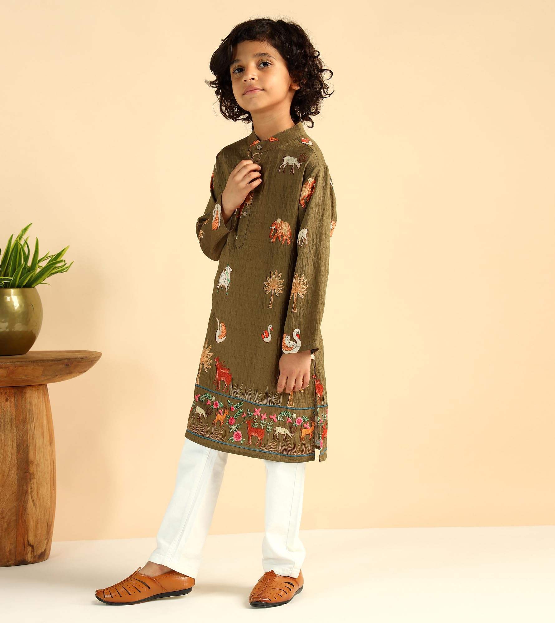 Bugandbees Boys Nylon Knee Length Kurta|Full Sleeve|Mandarin Collar|Kids Clothes for Boys Dress 5-6 Years Ethnic Wear|Fancy Traditional Dress|One Piece(BBKUB00000334_5-6Y_Olive Green) 1