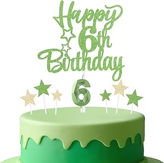 mciskin Juego de velas de cumpleaños número 6 en 3D para pastel, velas verdes claras, decoración de estrellas amarillas para niñas y niños, suministros de fiesta