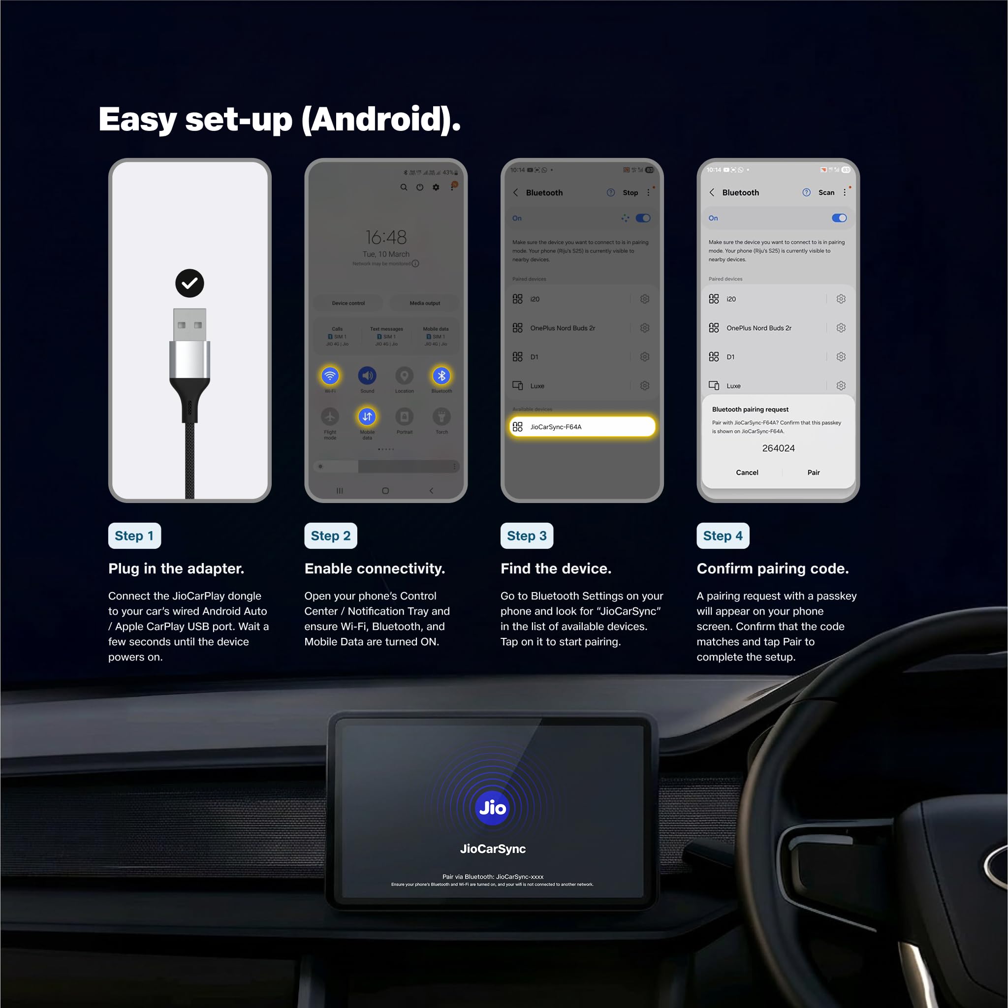 JioCarSync| Wired to Wireless Converter for Apple Carplay & Android Auto| For cars with wired Carplay &Android Auto Only| Premium Metal Body| Bluetooth 5.3| Wifi 5 Ghz|Type C dongle incl|1 Yr Warranty 3