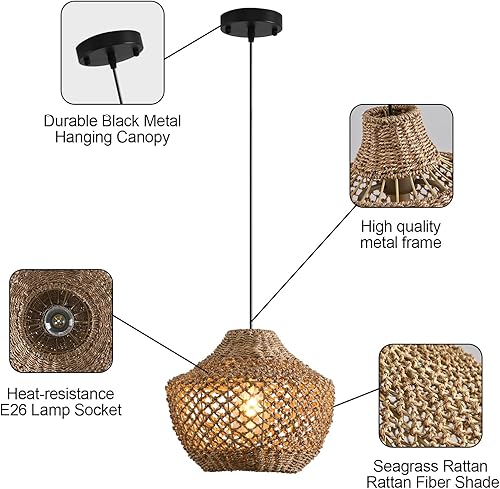 Miniatura 4 de Paquete de 2 lámparas colgantes de ratán, lámpara colgante bohemia de 11.81 pulgadas, lámparas de ratán tejidas a mano para lugares de trabajo,