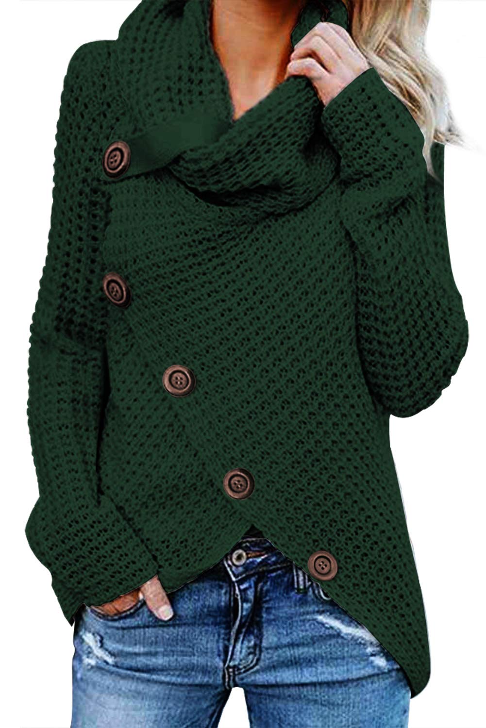 Itbclove Women's Green Button Turtle Cowl Neck Sweater Asymmetric Hem Wrap Knitted Pullover Casual Jumper Tops (,M)