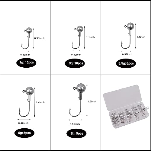 Miniatura 2 de Jig Heads - Juego de 43 anzuelos de pesca con cabeza redonda sin pintar, ganchos afilados para lubina, trucha, crappie, lucioperca, panfish agua