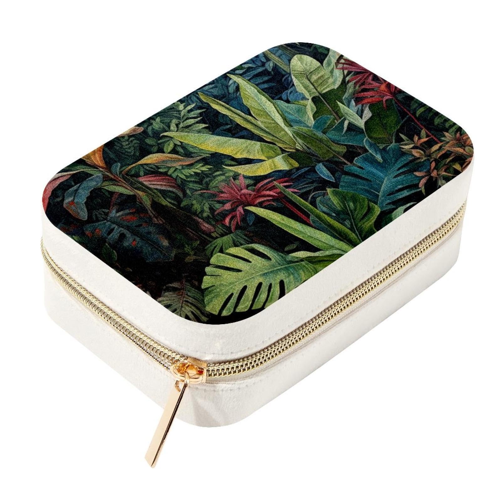 Joyero de terciopelo de tacto suave con estampado de plantas tropicales y acabados refinados