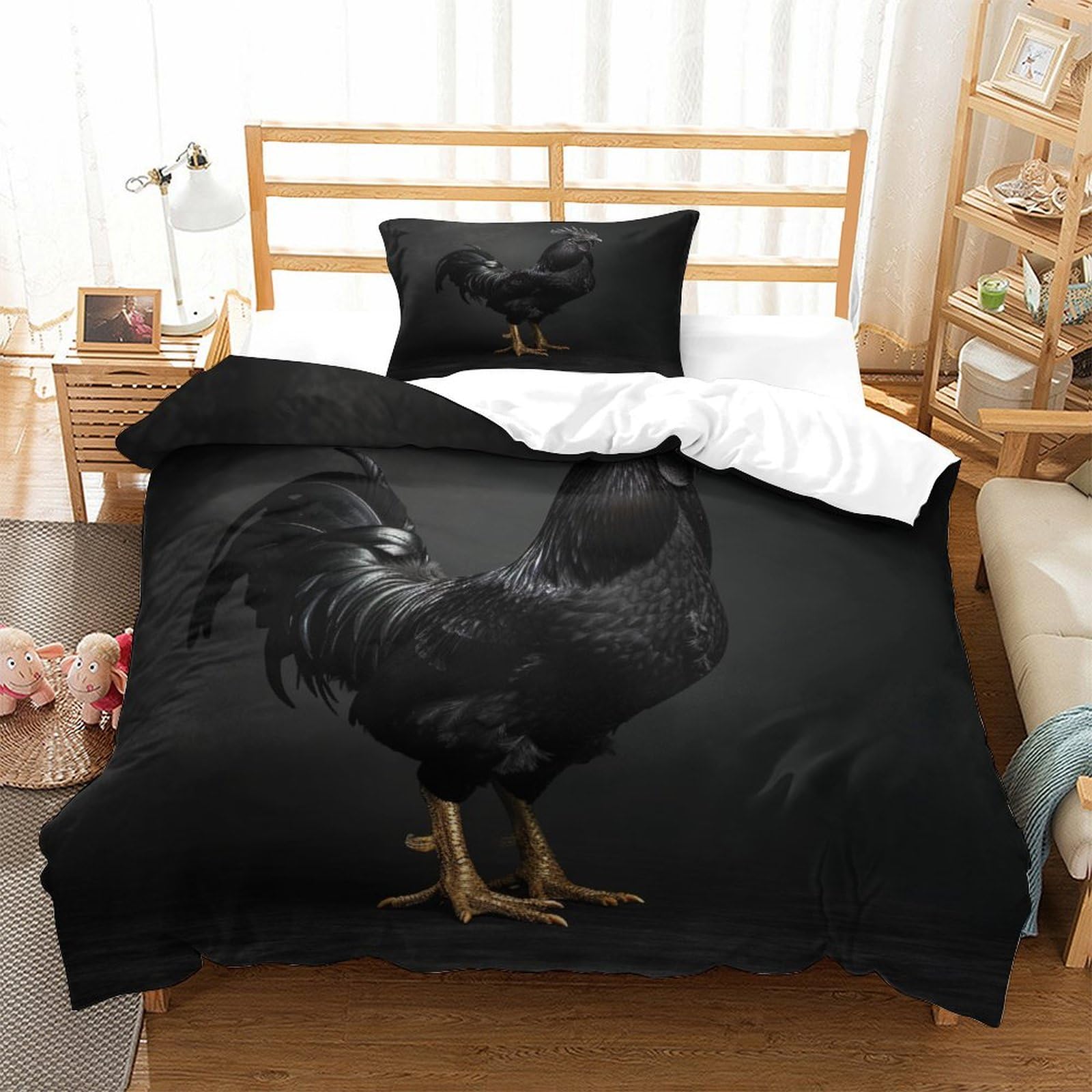 P1s9u7w5y Gallic Rooster-2 3D Printed Black Rooster Feather 3Pcs Duvet Cover Set Microfiber Farmhouse Bedding Set Single（135X200cm）