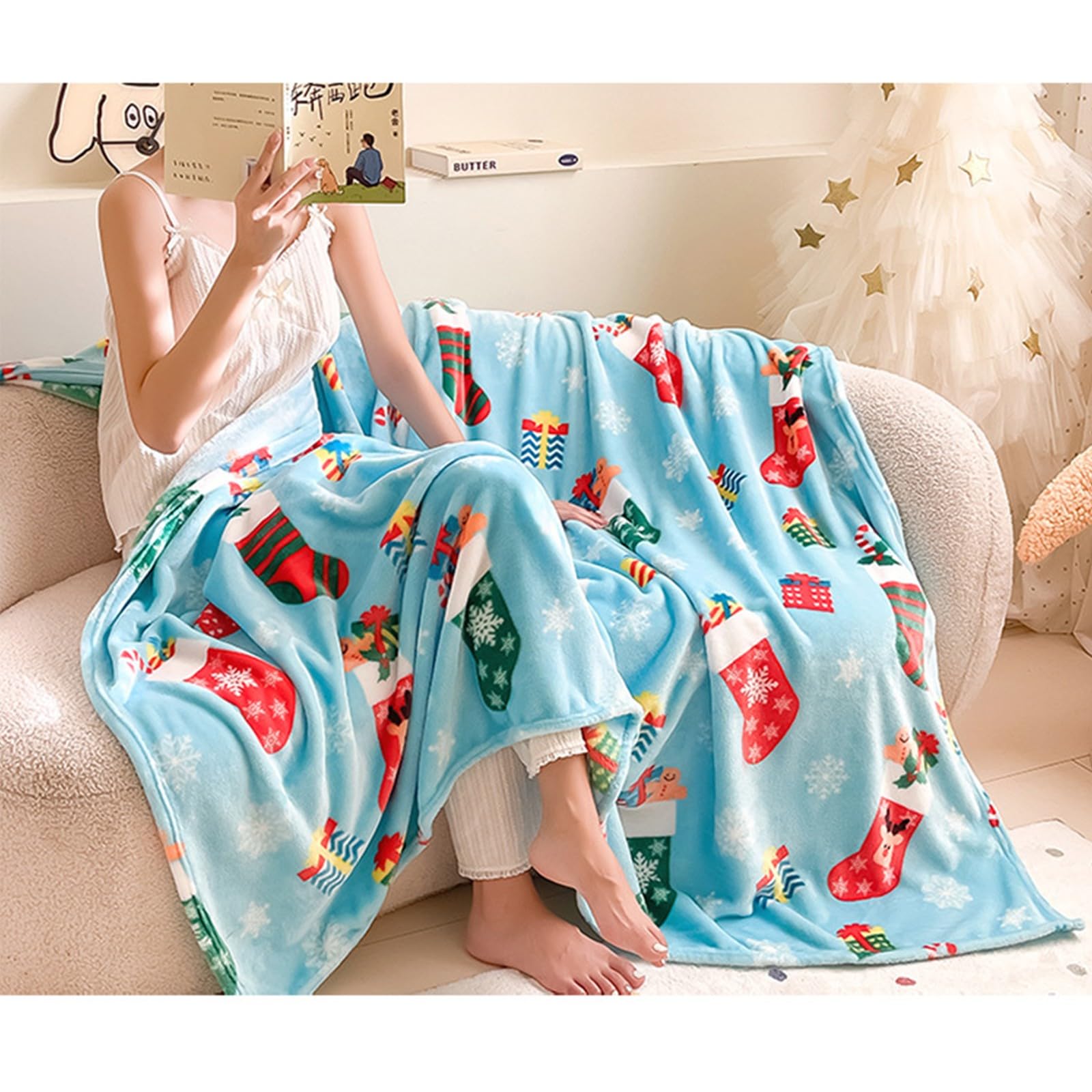 Manta navideña roja, Manta navideña Ultra Suave, acogedora, Decorativa, cálida y de Invierno para sofá, Cama y decoración(Socks, 71"x79")