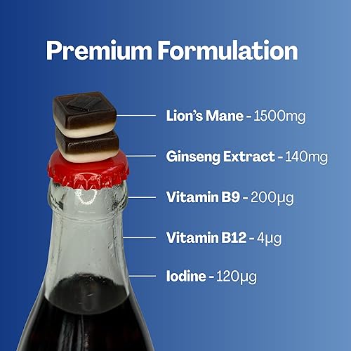 Miniatura 7 de URVI Focus Gummies - 300 mg de melena de león, 140 mg de extracto de raíz de ginseng, con folato (Quatrefolic), vitamina B12 y yodo - Sin azúcar