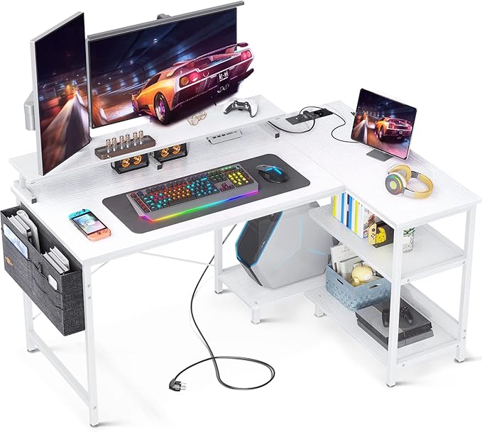 COSTWAY Scrivania Angolare Da 120 CM, Scrivania A L Per Ufficio A Casa Con Prese Di Corrente E Porte Usb Postazione Di Lavoro Con Ripiani Per Lavoro Gaming E Studio 84620624
