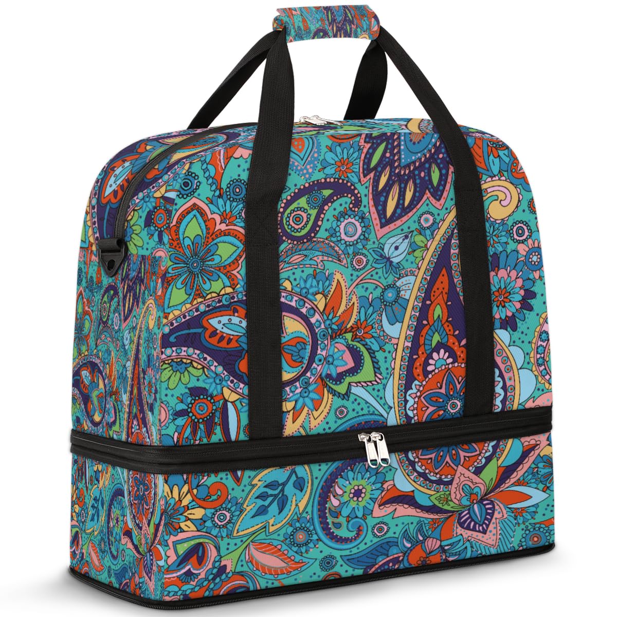 Bolsa de viaje plegable con patrón de cachemira, 47 L, bolsa de fin de semana con funda de carrito húmeda, bolsa de hombro separada para deportes, gimnasio, viajes, multicolor, 47L, Bolsa de viaje