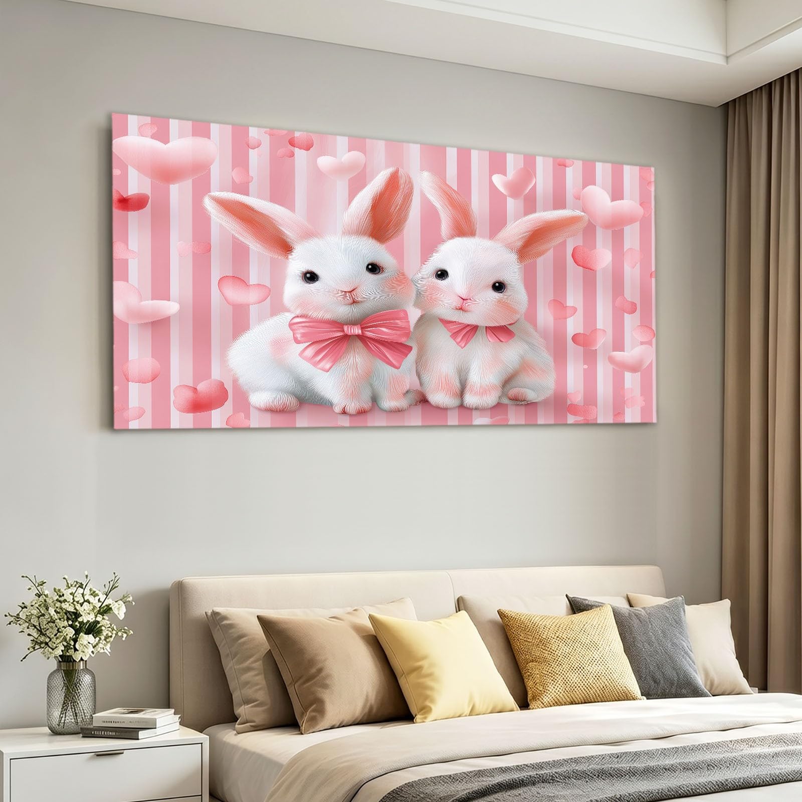 Obrazy na płótnie, z kreskówki, obrazy ścienne do salonu, 100 x 70 cm, druk artystyczny, obrazy na płótnie, różowe zwierzęta, zając serce, paski, dekoracja ścienna do korytarza, sypialni, jadalni i