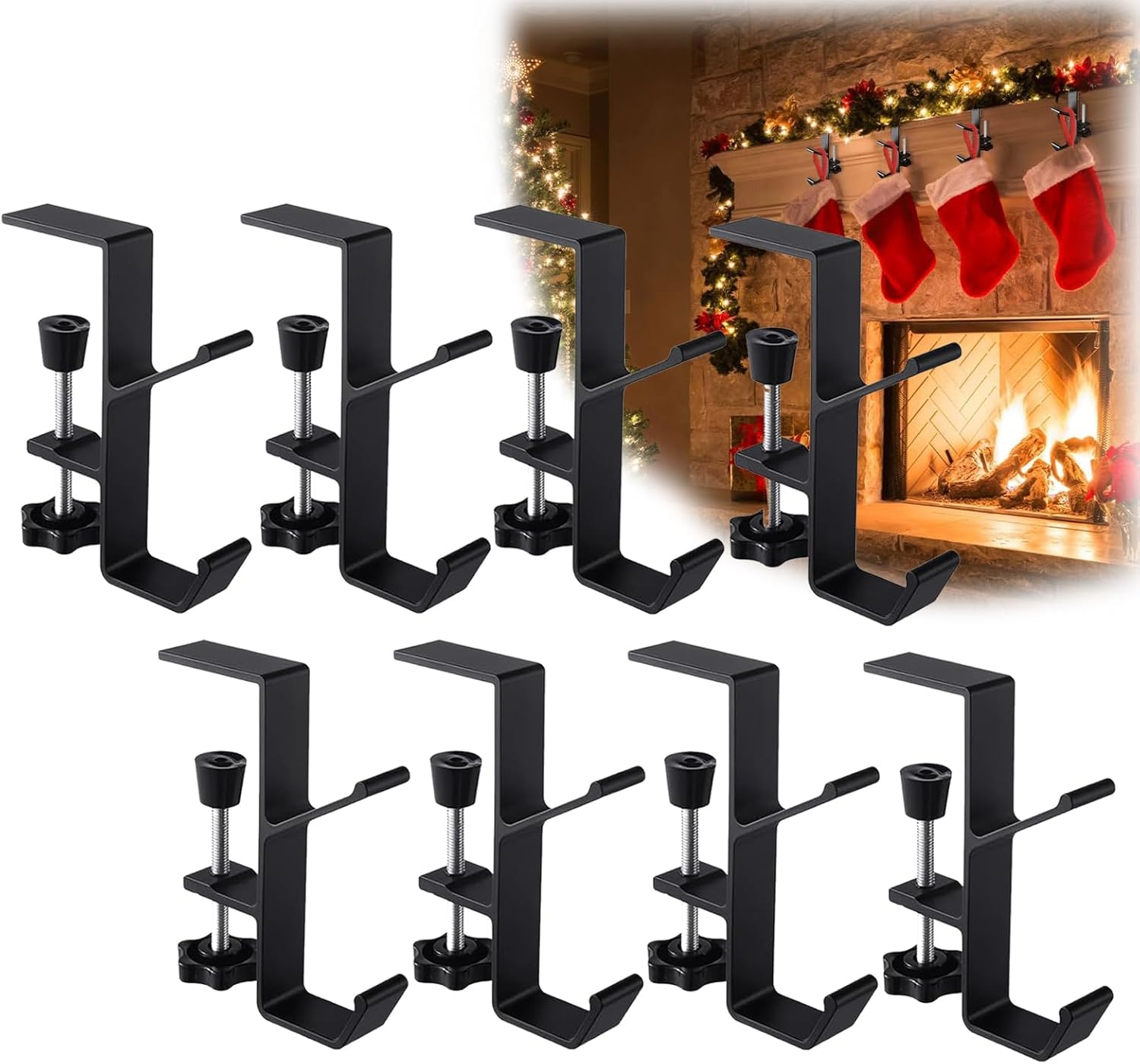 Garland and Stocking Mantel Holders, Fireplace Stocking and Garland Hanger, Garland Hangers for Mantle, Mantle Hangers for Garland, 2 in 1 Mantel Hangers, Mantle Hooks Heavy Duty (Black,6pcs)