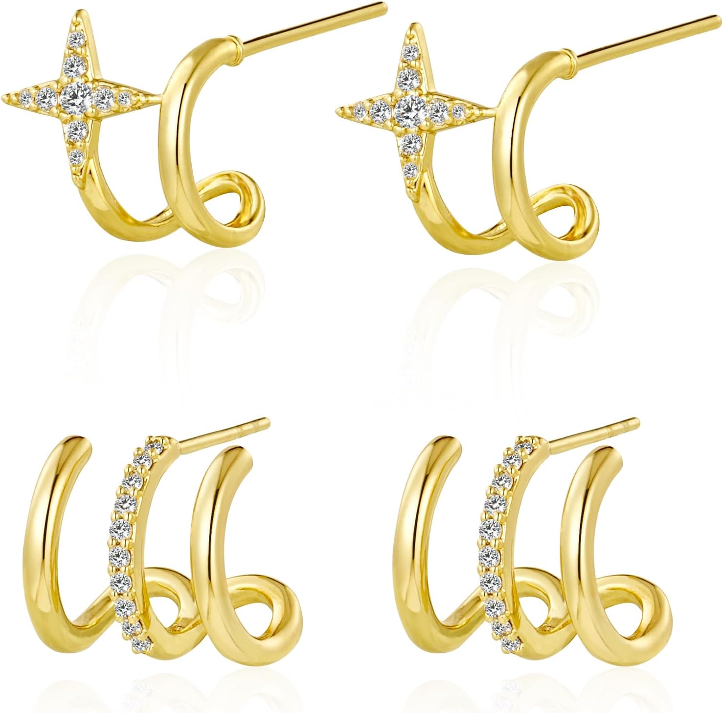 Triple Huggie Hoop Earrings with Star Dangle- Small 14K Gold Plated Cubic Zirconia Half Hoop Earrings Stack, Hypoallergenic Non Tarnish Dainty Jewelry Gift for Women