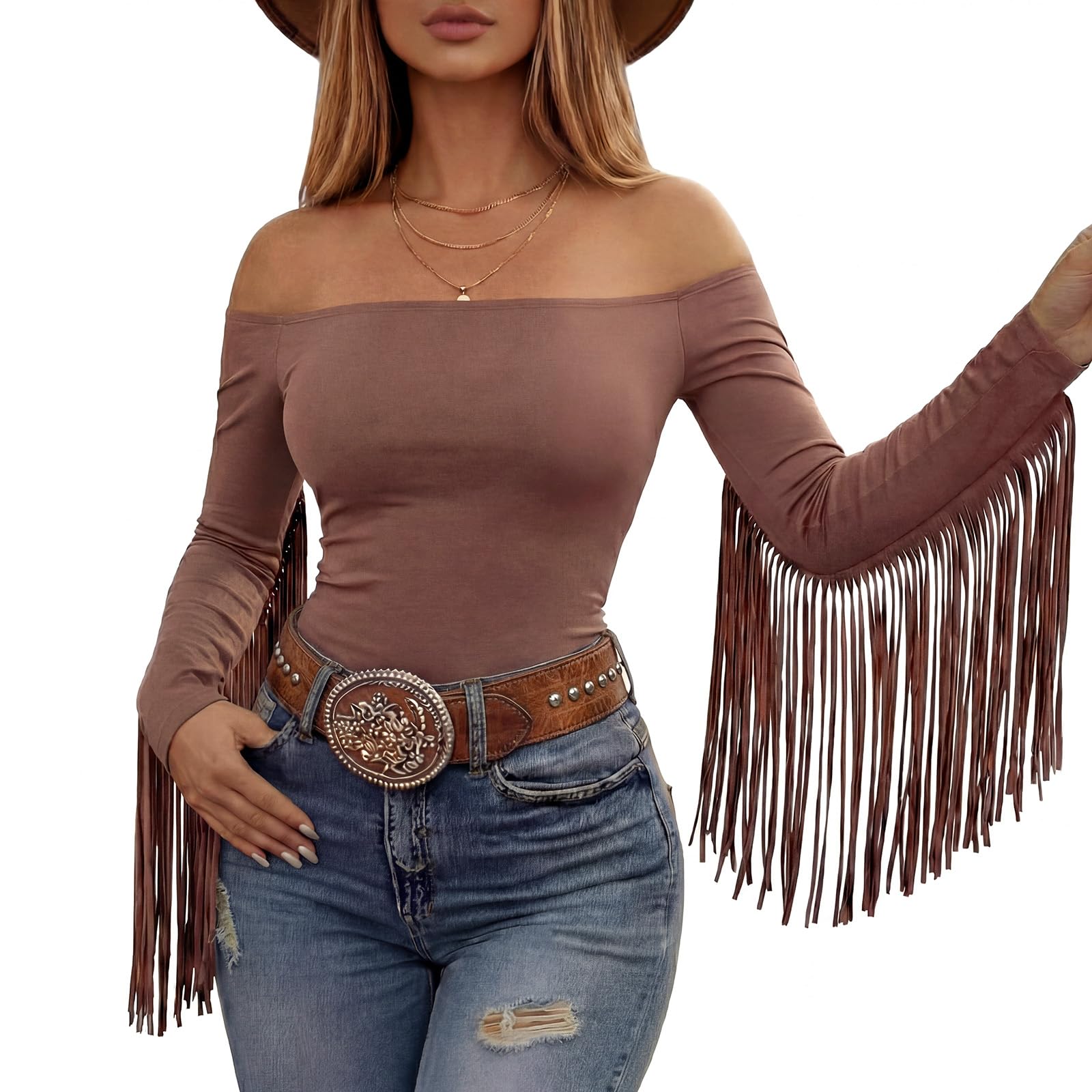 Funnysoft Women Fringe Top Western Off Shoulder Cowgirl Shirt Fitted Long Sleeve Tassels Top Country Concert Festival Outfit, Brown, XXL