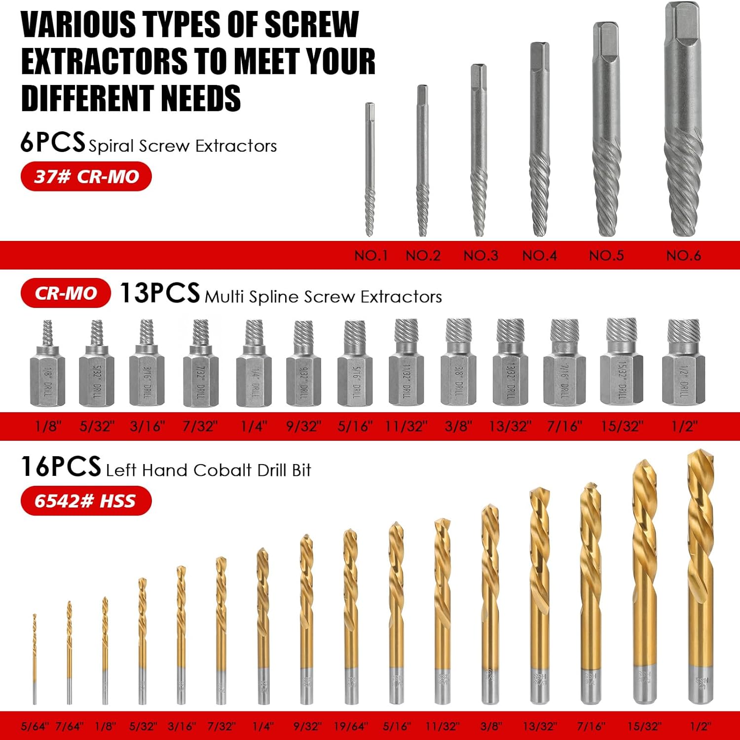 35-Pieces Screw Extractor Set, 37# Cr-Mo & 6542# Left Hand Reverse Drill Bit, Easy Out Multi-Spline Allen Screw Removal Kit for Ez Speed Out Stripped, Broken, Damaged, Rounded Bolt Head Tool