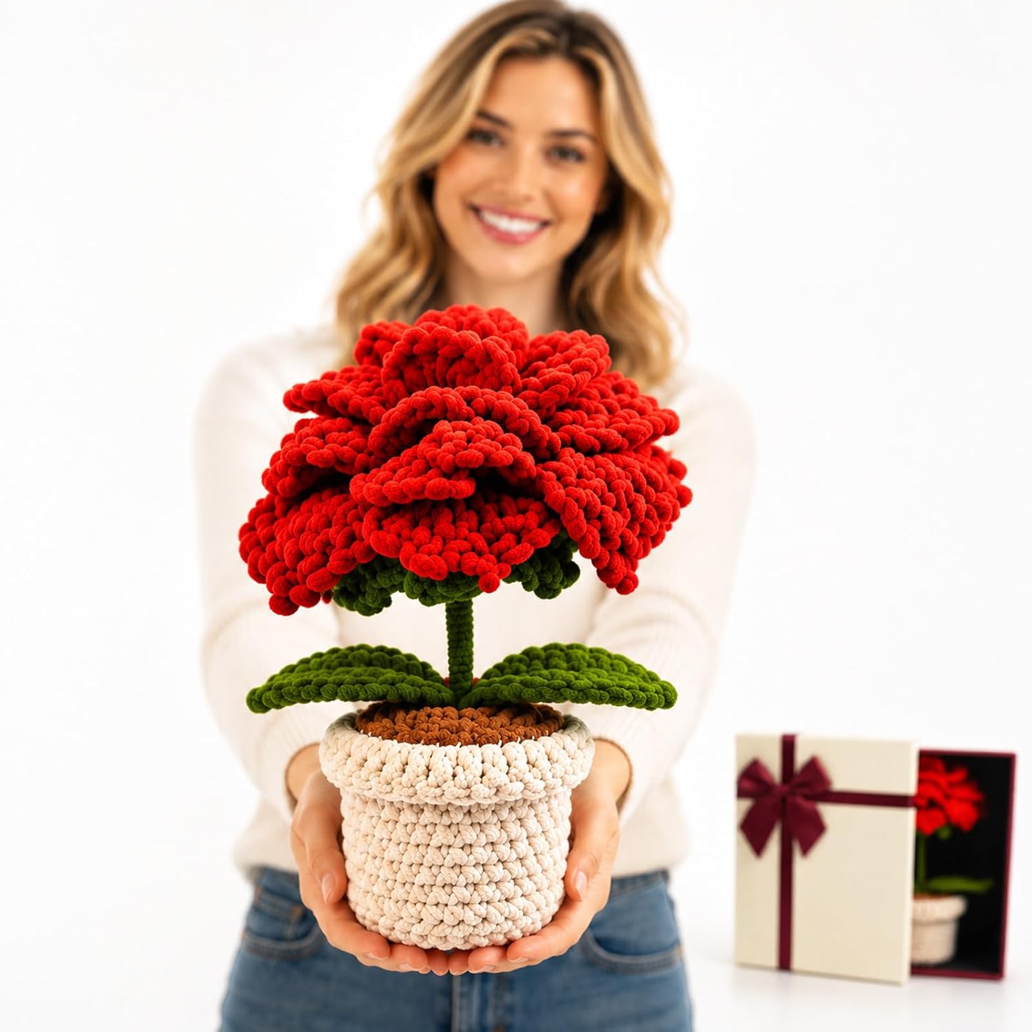 12 Inch Oversized Handmade Crochet Rose in Pot, Large Crochet Flower Gift for Women, Mom, Wife & Girlfriend, Romantic Floral Decor in Gift Box for Birthday, Anniversary & Valentine's Day.