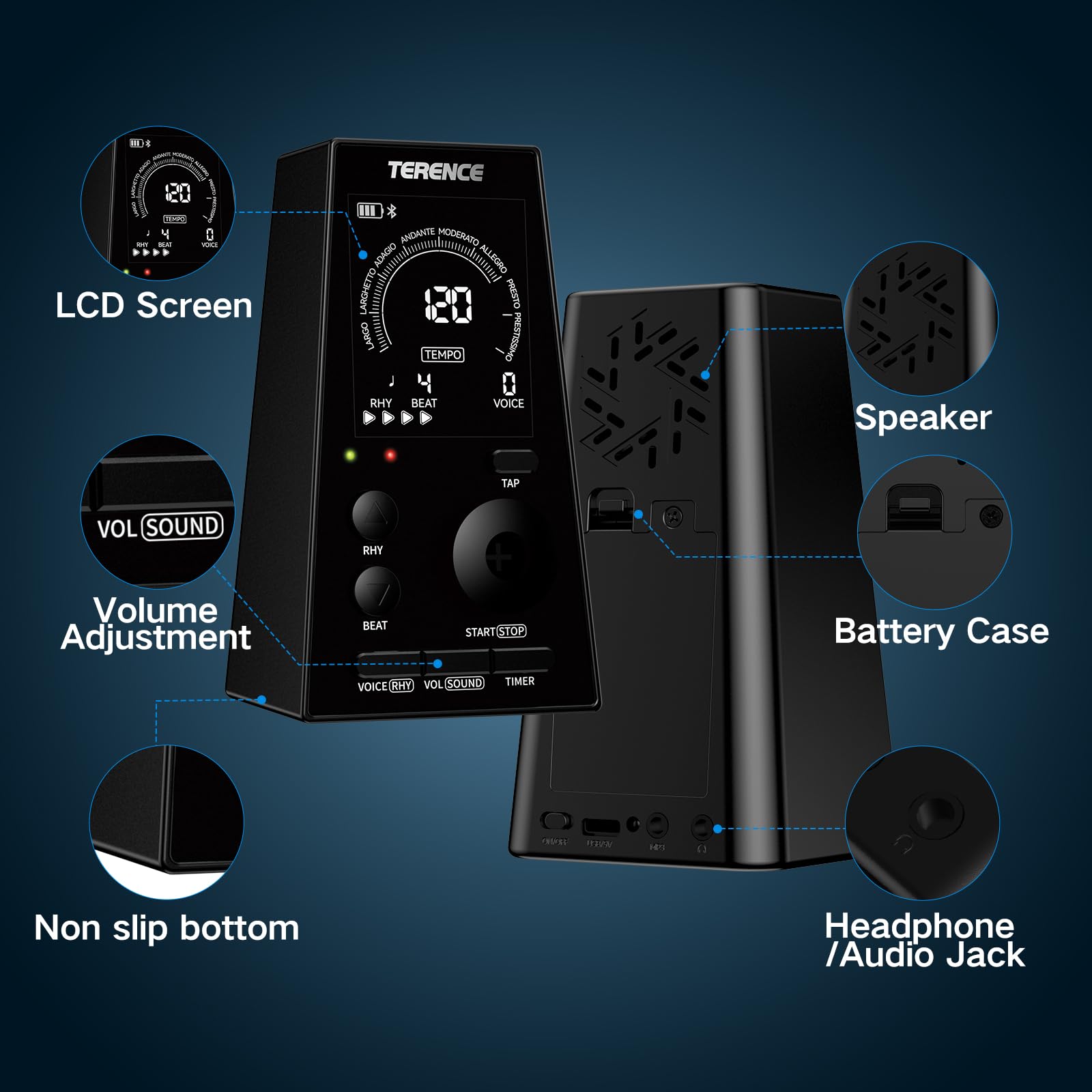 TERENCE Metronomo digitale di precisione per esercizi, metronomo elettronico preciso al millisecondo, 9 tempi, 10 battute, 40-208 BPM, display LCD, compatto e portatile, adatto a tutti gli strumenti
