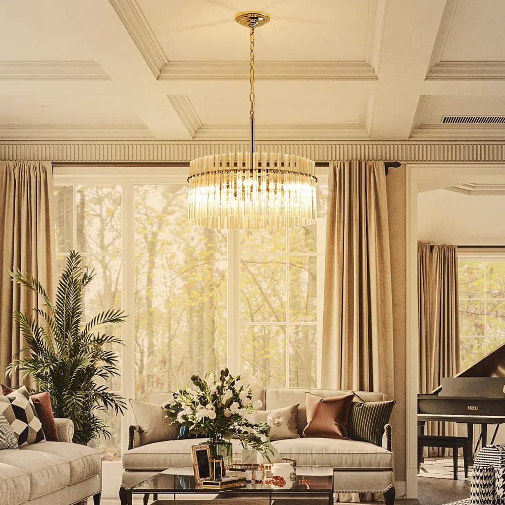 Shrine Lighting Drum Chandeliers, Modern Design, Chrome Pendant Light Fixture for Living Space, D18'' x H17'', Adjustable Chains 59", E12*5 Sockets, Clear Glass Lampshade & Chrome Finish Frame