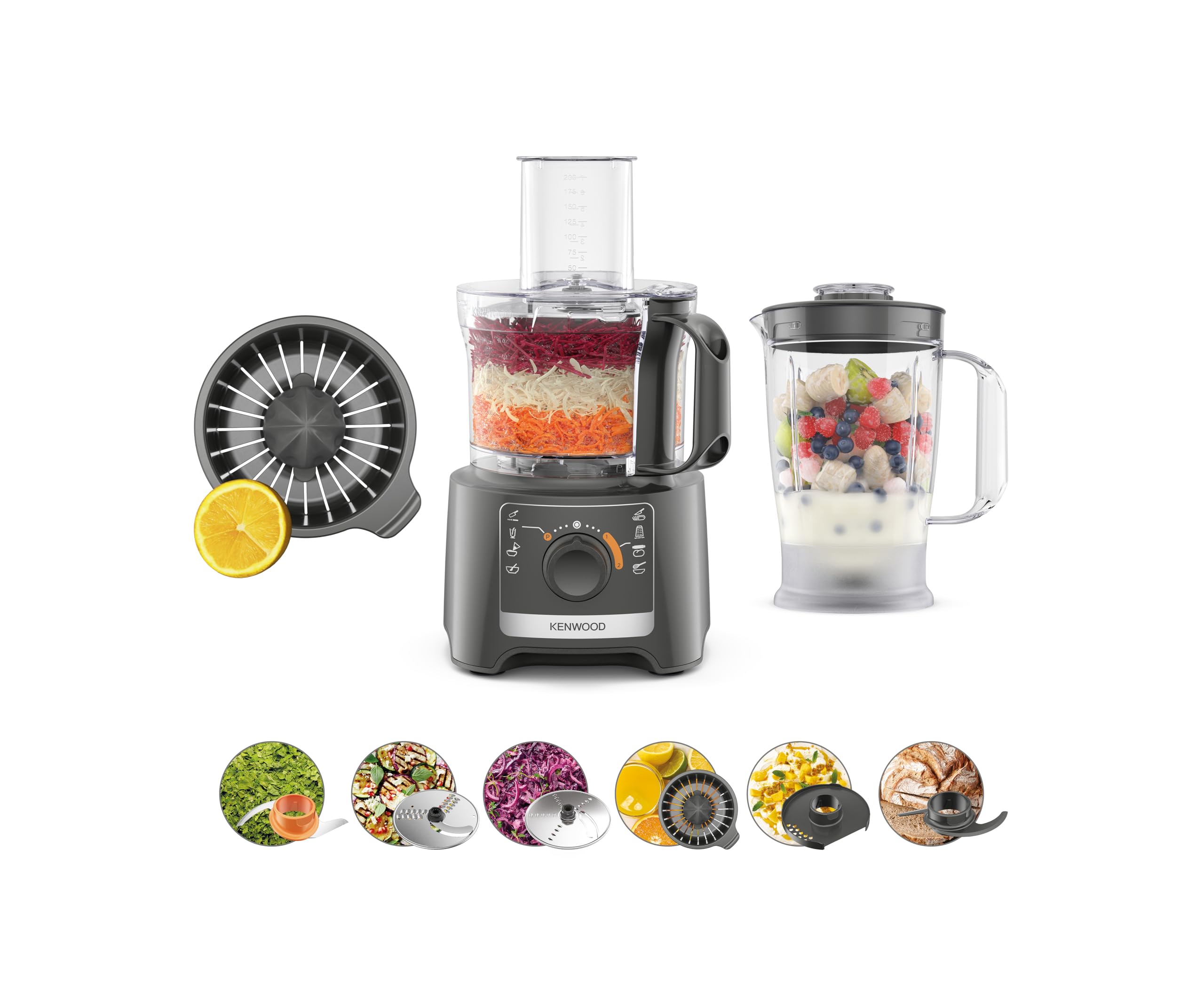 KenwoodMultiPro Compact FDP31.170GY, Food Processor with Blending Blade, Kneading Function, and Slicing Disc, 1.2L Blender, 2 Speeds + Pulse, 2.1L Bowl, 800W, Grey