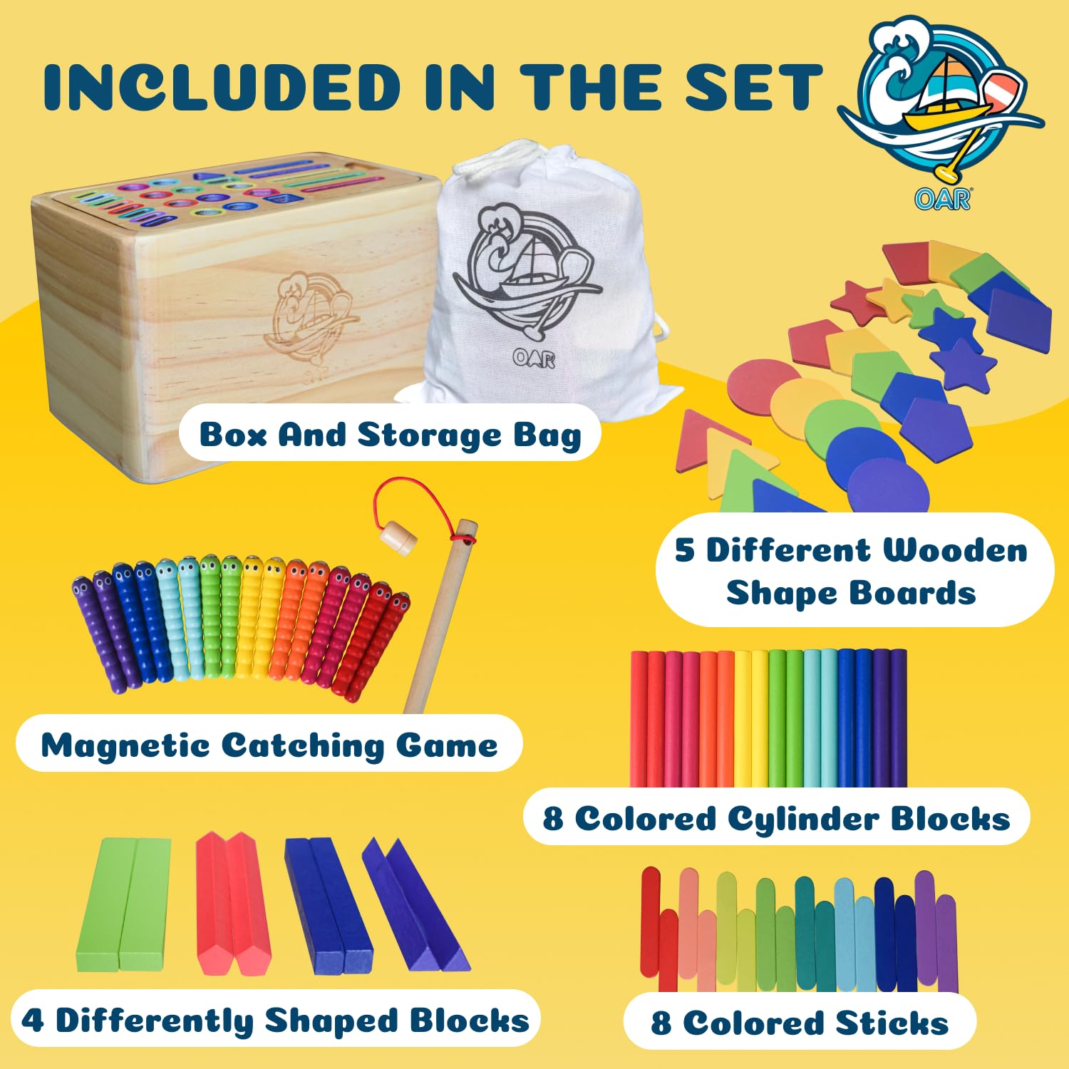 OAR Montessori-Aktivitätsspielzeug aus Holz für Kleinkinder – Multi-Fähigkeiten-Lernset mit Farbsortierung, Stapeln, Feinmotorikaktivitäten, kreatives, logisches und pädagogisches Geschenk für Jungen