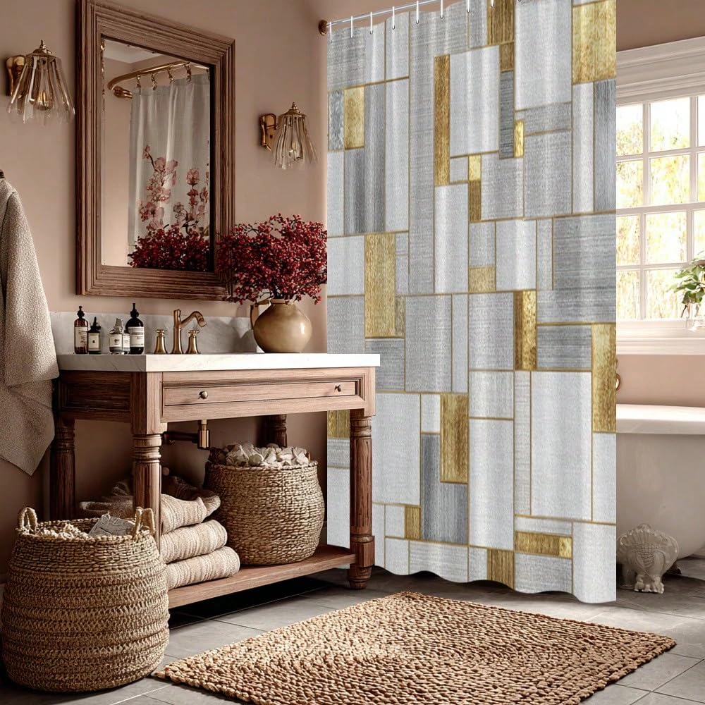 Moderner Abstrakter Duschvorhang – Elegante und goldene 3D-Digitalmalerei für Badezimmer – Badezimmervorhang (180 x 300 cm / 71 x 118 Zoll (B x H))