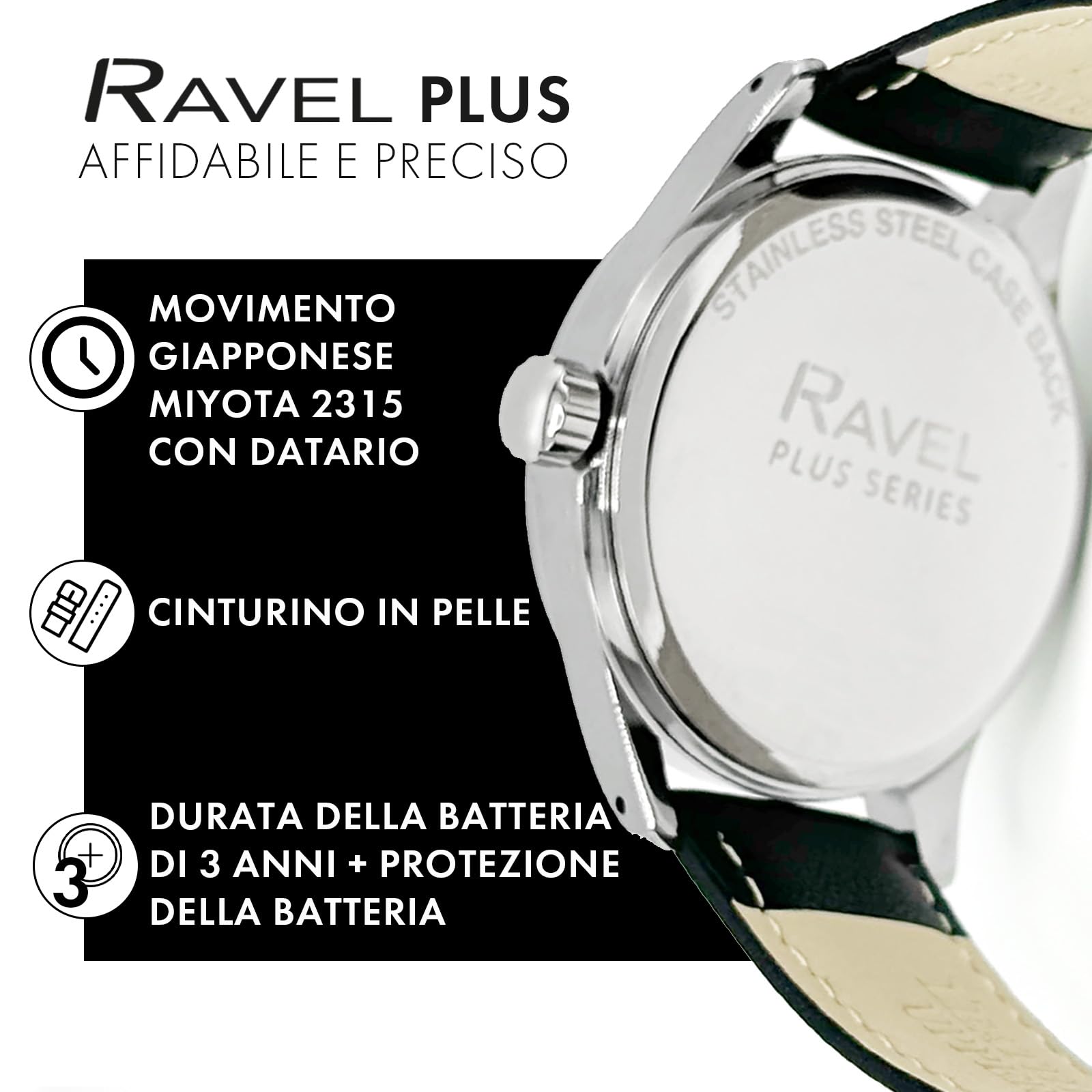 Ravel Plus - Orologio da Uomo Rotondo 40 mm con Calendario e Impermeabilità 3 ATM, Vetro Zaffiro e Quadrante Sunray - Analogico Quarzo - RPD-01-04