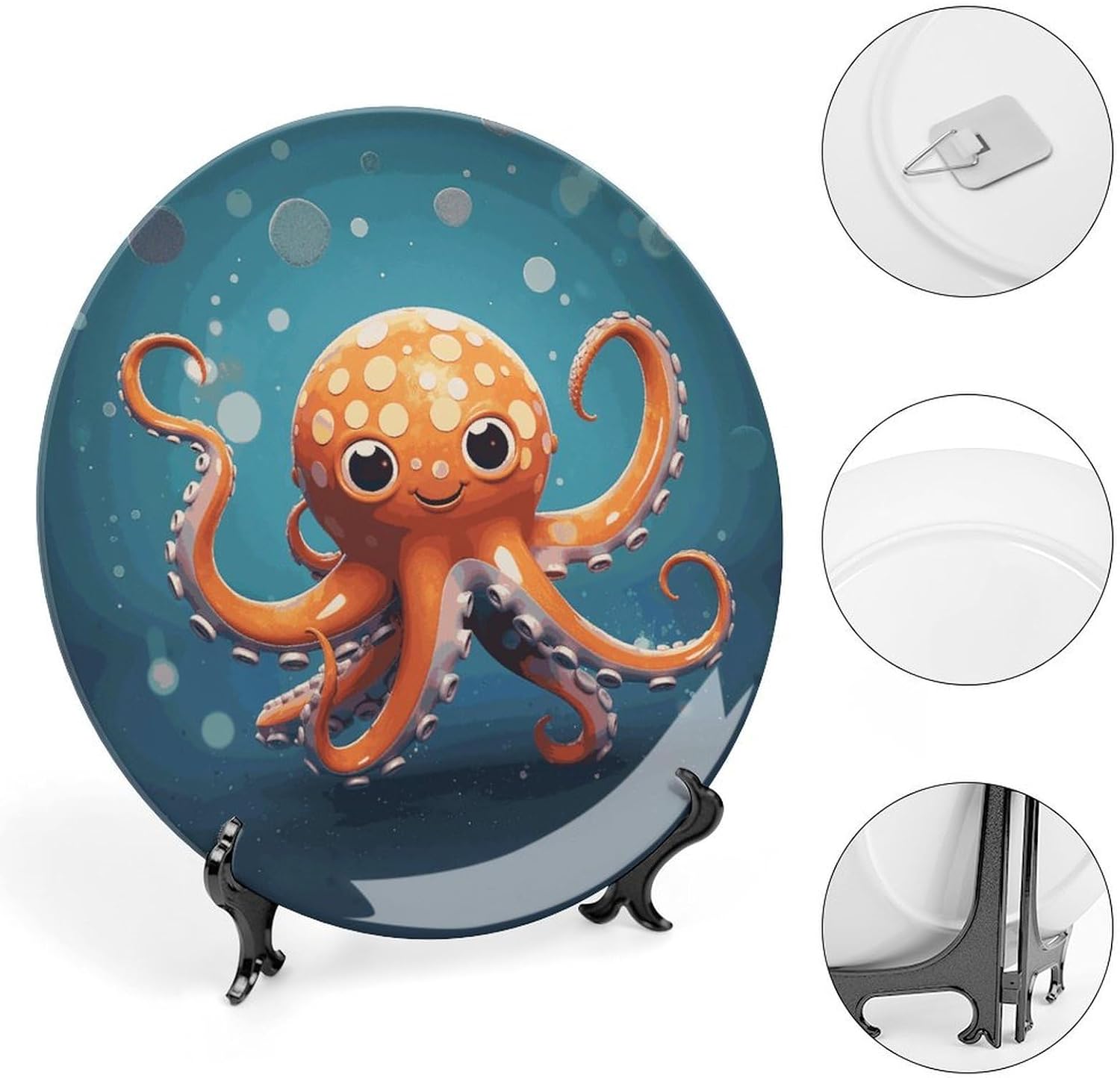 Cartoon Octopus Bone China Decorative Plate with Display Stand, Ceramic Ornaments Plate for Wall Hanging, Personalized Porcelain Plates for Office, Living Room 8inch