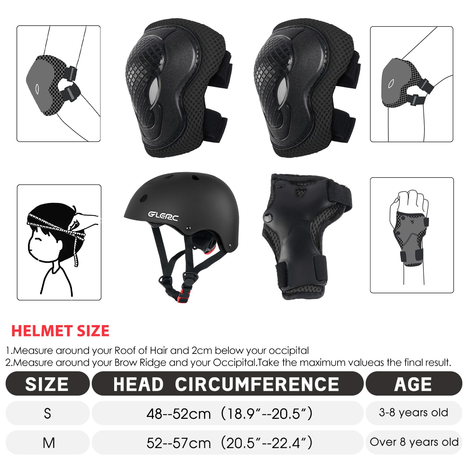 Glerc Kinder Fahrradhelm & Kinder Protektoren Schutzausrüstung Kinder Knieschützer Set für Jungen und Mädchen von Kleinkind bis Jugend, Kopfumfang verstellbar und Mehrfarbig