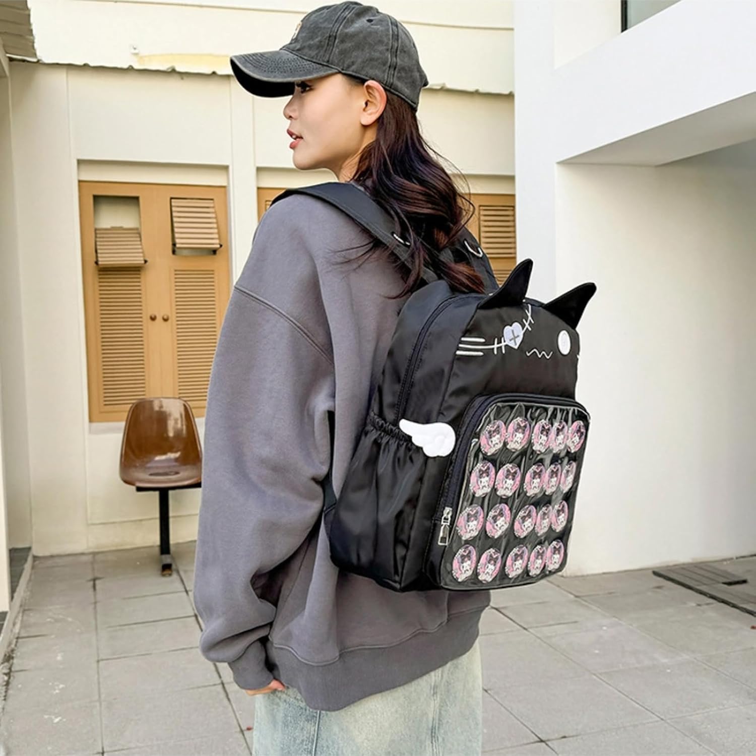 Backpack Ita Bag Pin Display Kawaii Cat-Ear Large Capacity with Insert for Weekende Cosplay (Black)