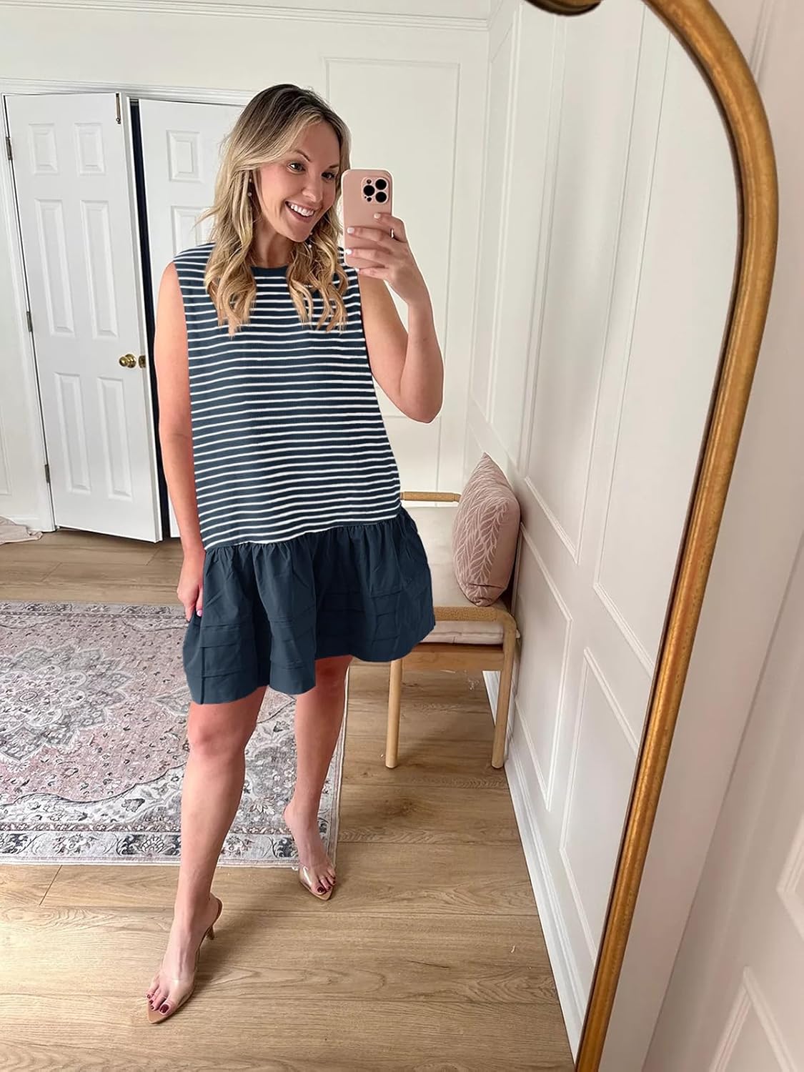 Wenrine Womens Striped Sweatshirt Dress Casual Sleeveless Crewneck Constrast Patchwork Loose Tank Mini Dresses - Image 6